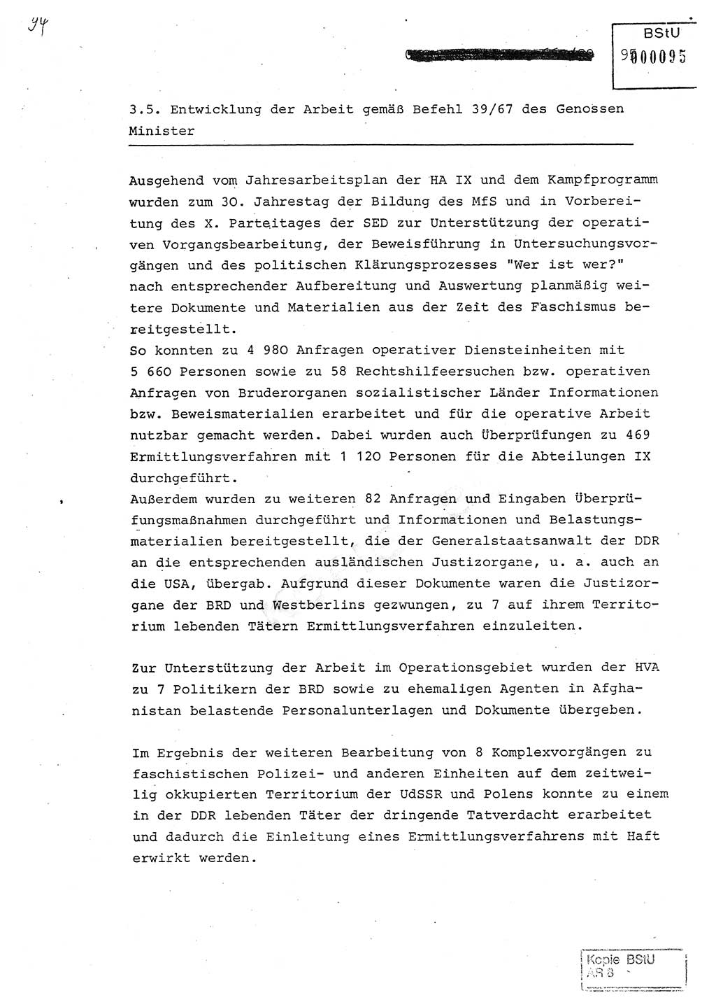 Jahresbericht der Hauptabteilung (HA) Ⅸ 1980, Analyse über die Entwicklung und die Wirksamkeit der politisch-operativen Arbeit der Linie Ⅸ in der Zeit vom 1. Januar 1980 bis 30. September 1980, Ministerium für Staatssicherheit (MfS) der Deutschen Demokratischen Republik (DDR), Hauptabteilung Ⅸ, Geheime Verschlußsache (GVS) 014-660/80, Berlin 1980, Seite 95 (Anal. MfS DDR HA Ⅸ GVS 014-660/80 1980, S. 95)