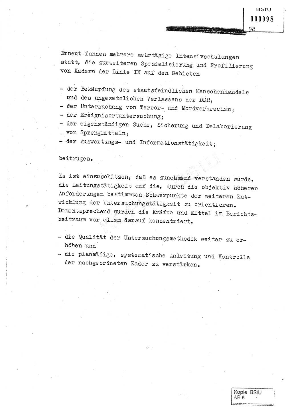 Jahresbericht der Hauptabteilung (HA) Ⅸ 1980, Analyse über die Entwicklung und die Wirksamkeit der politisch-operativen Arbeit der Linie Ⅸ in der Zeit vom 1. Januar 1980 bis 30. September 1980, Ministerium für Staatssicherheit (MfS) der Deutschen Demokratischen Republik (DDR), Hauptabteilung Ⅸ, Geheime Verschlußsache (GVS) 014-660/80, Berlin 1980, Seite 98 (Anal. MfS DDR HA Ⅸ GVS 014-660/80 1980, S. 98)