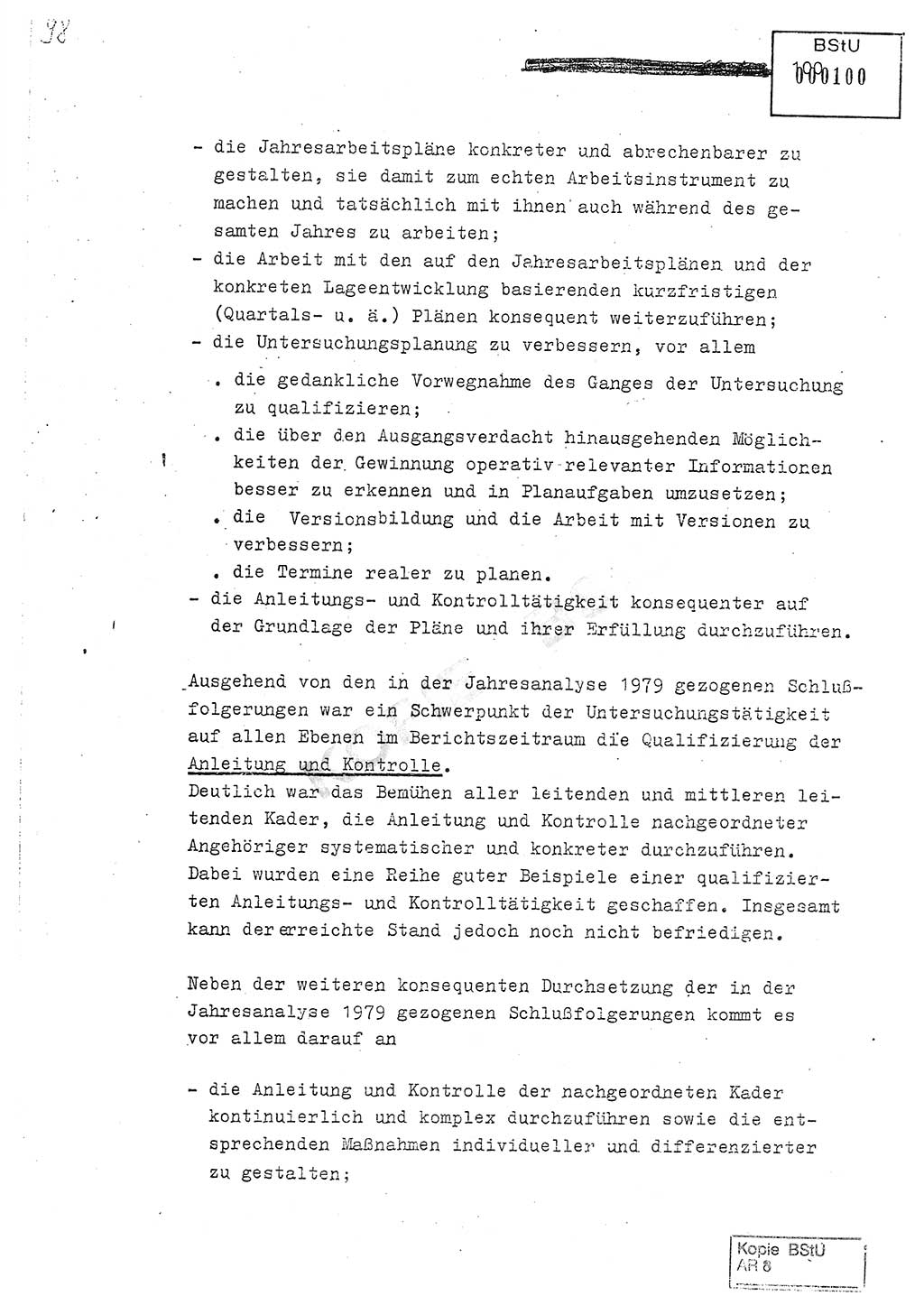 Jahresbericht der Hauptabteilung (HA) Ⅸ 1980, Analyse über die Entwicklung und die Wirksamkeit der politisch-operativen Arbeit der Linie Ⅸ in der Zeit vom 1. Januar 1980 bis 30. September 1980, Ministerium für Staatssicherheit (MfS) der Deutschen Demokratischen Republik (DDR), Hauptabteilung Ⅸ, Geheime Verschlußsache (GVS) 014-660/80, Berlin 1980, Seite 100 (Anal. MfS DDR HA Ⅸ GVS 014-660/80 1980, S. 100)