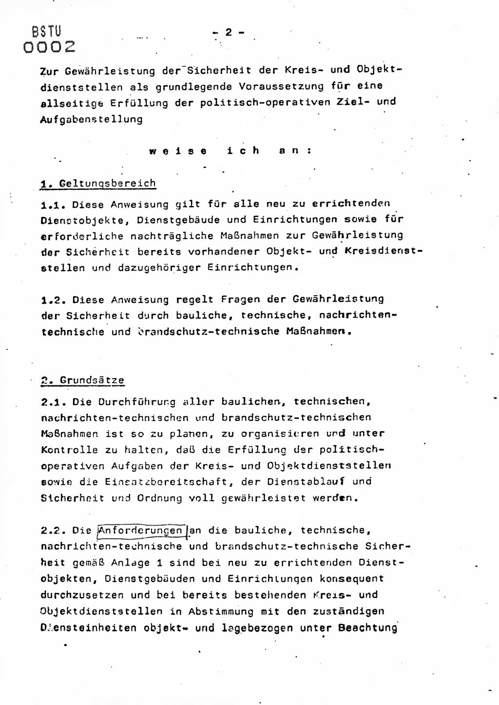 Anweisung Nr. 10/80 zur Gewährleistung der Sicherheit der Dienstobjekte, Dienstgebäude und Einrichtungen der Kreis- und Objektdienststellen des Ministeriums für Staatssicherheit durch bauliche, technische, nachrichten-technische und brandschutz-technische Maßnahmen, Ministerium für Staatssicherheit (MfS) [Deutsche Demokratische Republik (DDR)], Der Minister, Vertrauliche Verschlußsache (VVS) ooo8-67/80, Berlin 1980, Seite 2 (Anw. 10/80 DDR MfS Min. VVS ooo8-67/80 1980, S. 2)