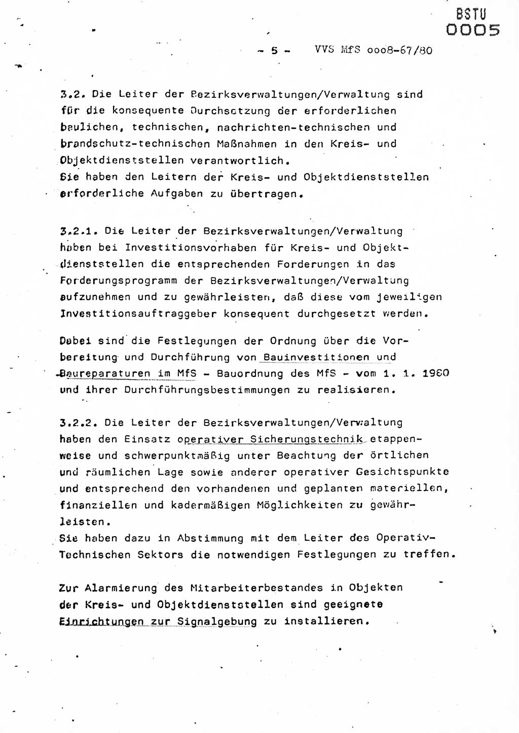 Anweisung Nr. 10/80 zur Gewährleistung der Sicherheit der Dienstobjekte, Dienstgebäude und Einrichtungen der Kreis- und Objektdienststellen des Ministeriums für Staatssicherheit durch bauliche, technische, nachrichten-technische und brandschutz-technische Maßnahmen, Ministerium für Staatssicherheit (MfS) [Deutsche Demokratische Republik (DDR)], Der Minister, Vertrauliche Verschlußsache (VVS) ooo8-67/80, Berlin 1980, Seite 5 (Anw. 10/80 DDR MfS Min. VVS ooo8-67/80 1980, S. 5)