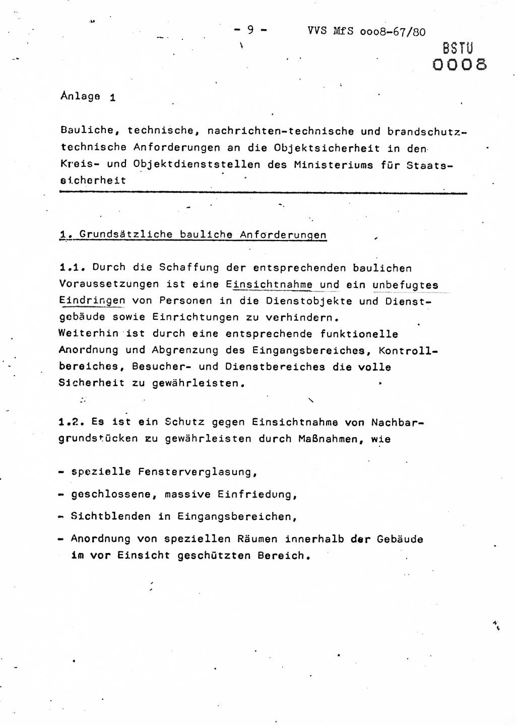 Anweisung Nr. 10/80 zur Gewährleistung der Sicherheit der Dienstobjekte, Dienstgebäude und Einrichtungen der Kreis- und Objektdienststellen des Ministeriums für Staatssicherheit durch bauliche, technische, nachrichten-technische und brandschutz-technische Maßnahmen, Ministerium für Staatssicherheit (MfS) [Deutsche Demokratische Republik (DDR)], Der Minister, Vertrauliche Verschlußsache (VVS) ooo8-67/80, Berlin 1980, Seite 9 (Anw. 10/80 DDR MfS Min. VVS ooo8-67/80 1980, S. 9)