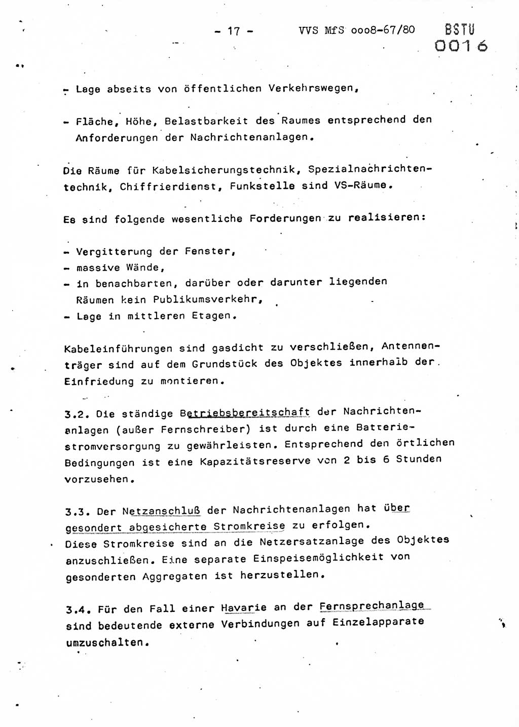 Anweisung Nr. 10/80 zur Gewährleistung der Sicherheit der Dienstobjekte, Dienstgebäude und Einrichtungen der Kreis- und Objektdienststellen des Ministeriums für Staatssicherheit durch bauliche, technische, nachrichten-technische und brandschutz-technische Maßnahmen, Ministerium für Staatssicherheit (MfS) [Deutsche Demokratische Republik (DDR)], Der Minister, Vertrauliche Verschlußsache (VVS) ooo8-67/80, Berlin 1980, Seite 17 (Anw. 10/80 DDR MfS Min. VVS ooo8-67/80 1980, S. 17)