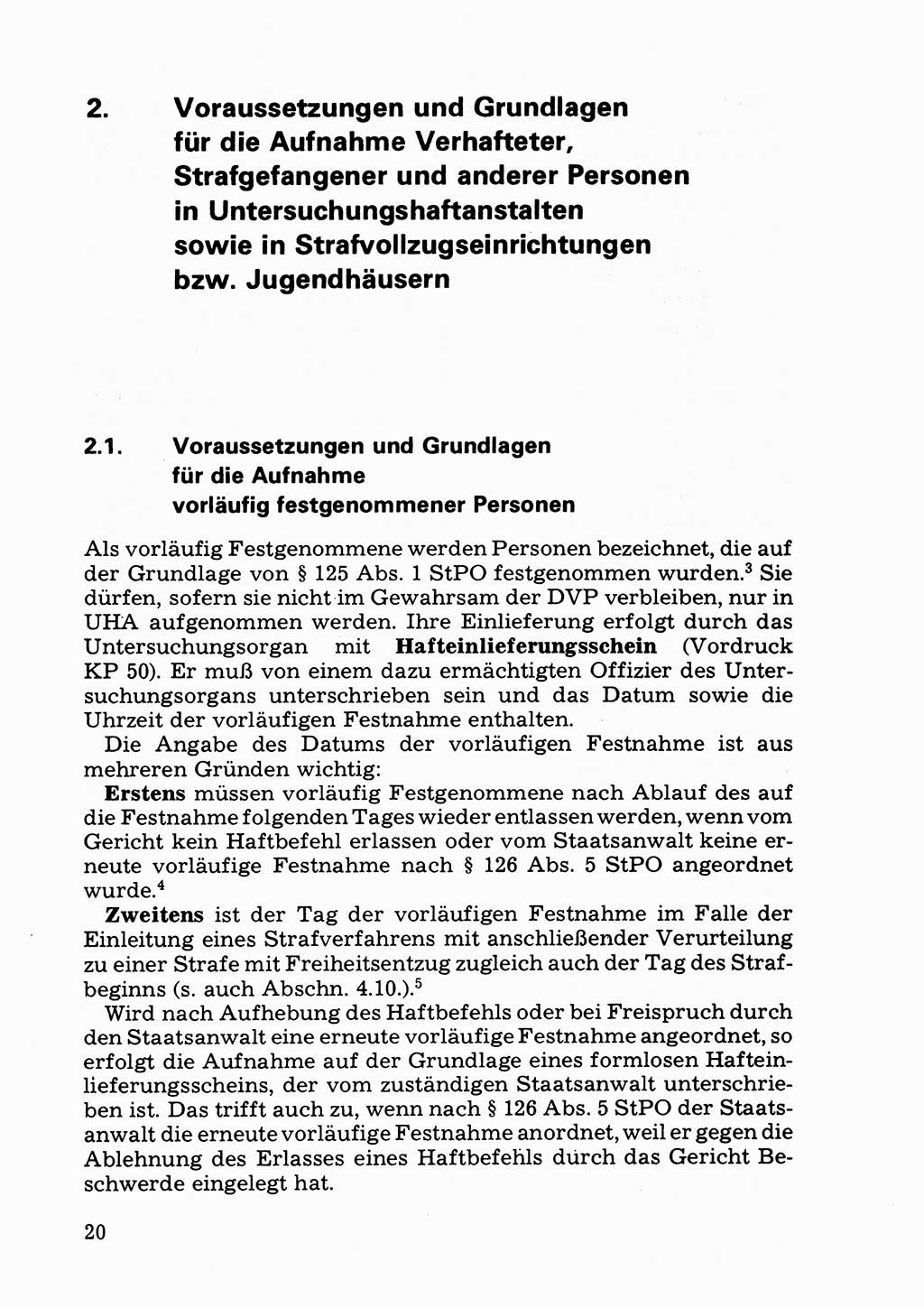 Verwaltungsmäßige Aufgaben beim Vollzug der Untersuchungshaft (U-Haft) sowie der Strafen mit Freiheitsentzug (SV) [Deutsche Demokratische Republik (DDR)] 1980, Seite 20 (Aufg. Vollz. U-Haft SV DDR 1980, S. 20)