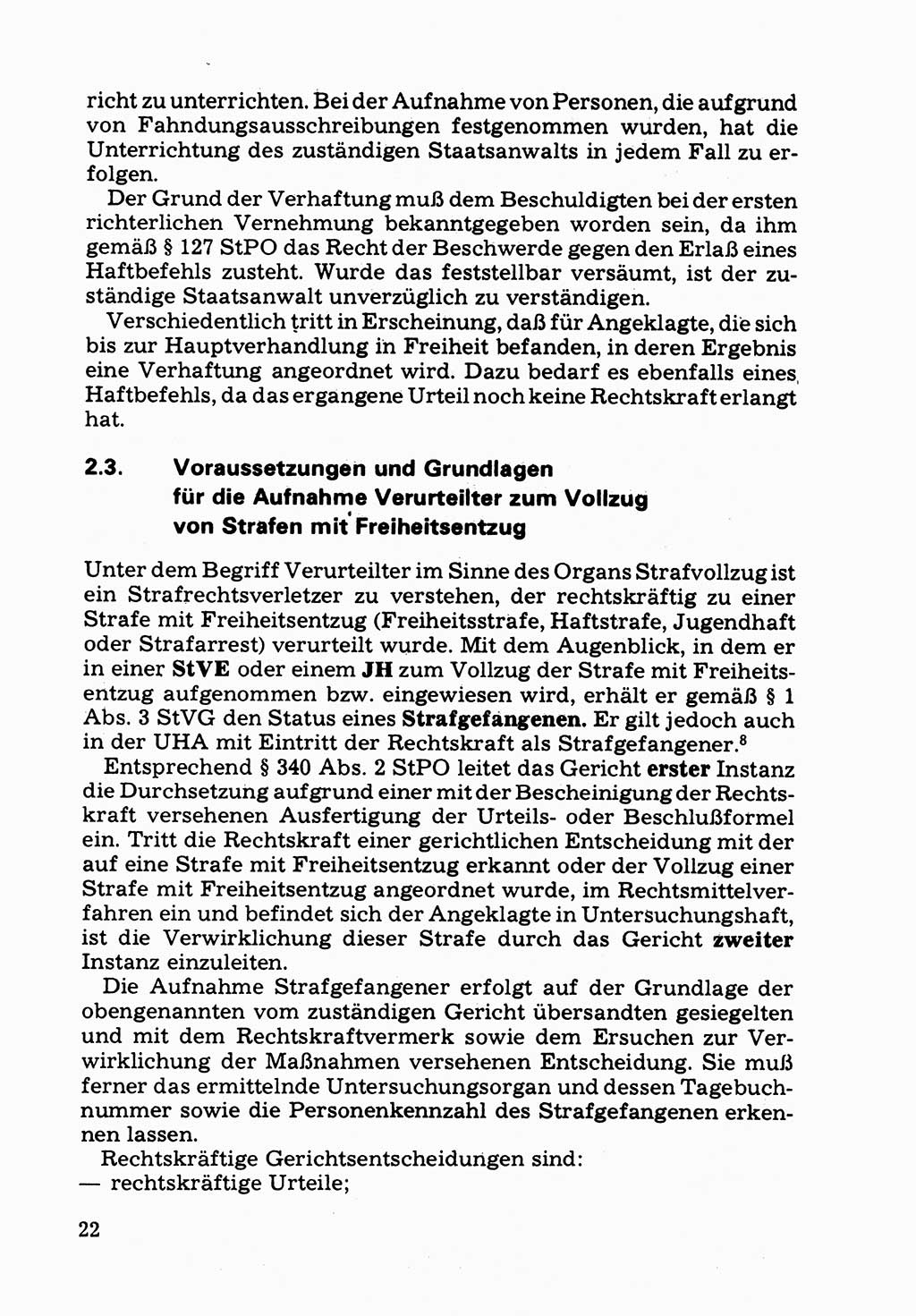 Verwaltungsmäßige Aufgaben beim Vollzug der Untersuchungshaft (U-Haft) sowie der Strafen mit Freiheitsentzug (SV) [Deutsche Demokratische Republik (DDR)] 1980, Seite 22 (Aufg. Vollz. U-Haft SV DDR 1980, S. 22)