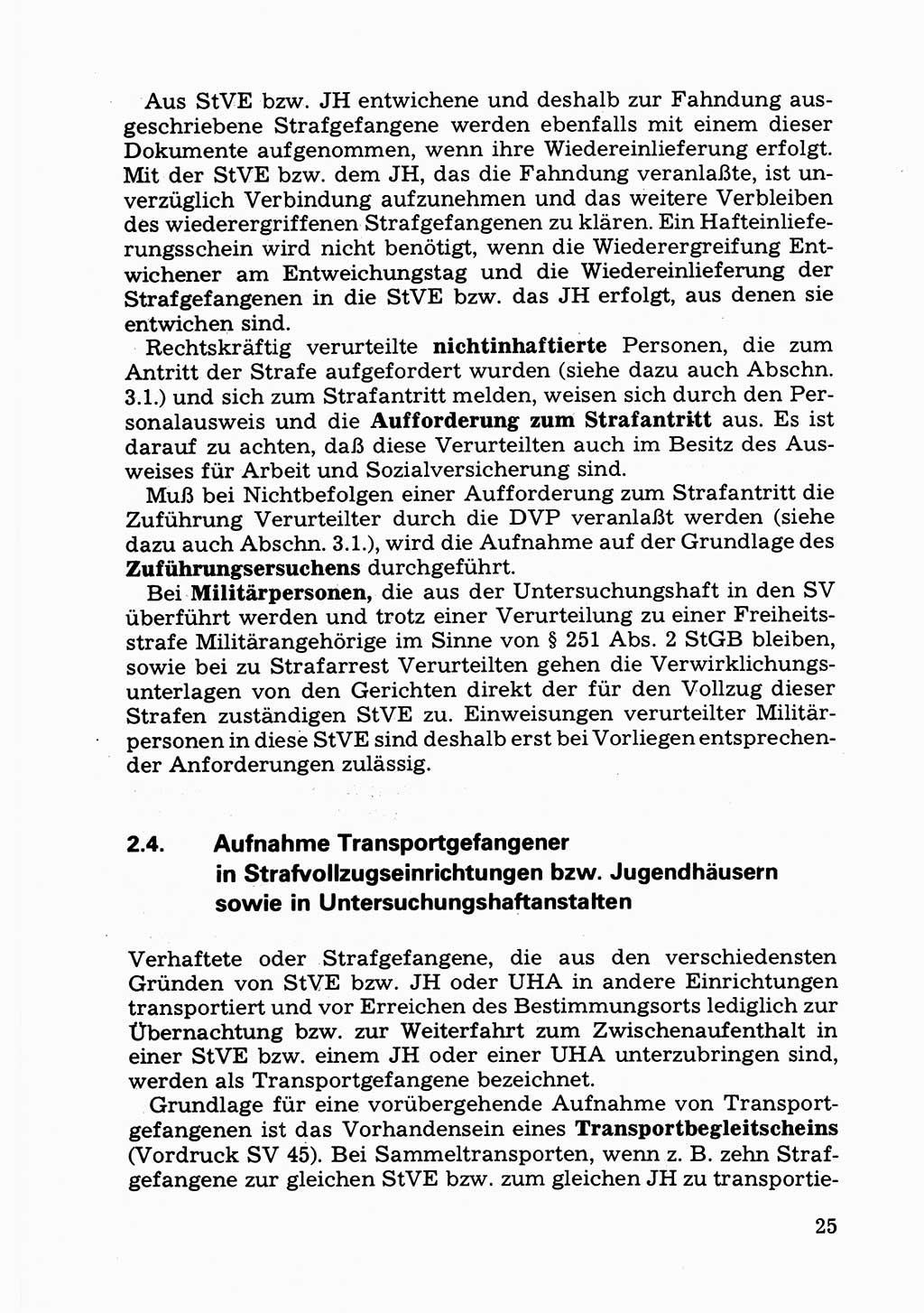 Verwaltungsmäßige Aufgaben beim Vollzug der Untersuchungshaft (U-Haft) sowie der Strafen mit Freiheitsentzug (SV) [Deutsche Demokratische Republik (DDR)] 1980, Seite 25 (Aufg. Vollz. U-Haft SV DDR 1980, S. 25)