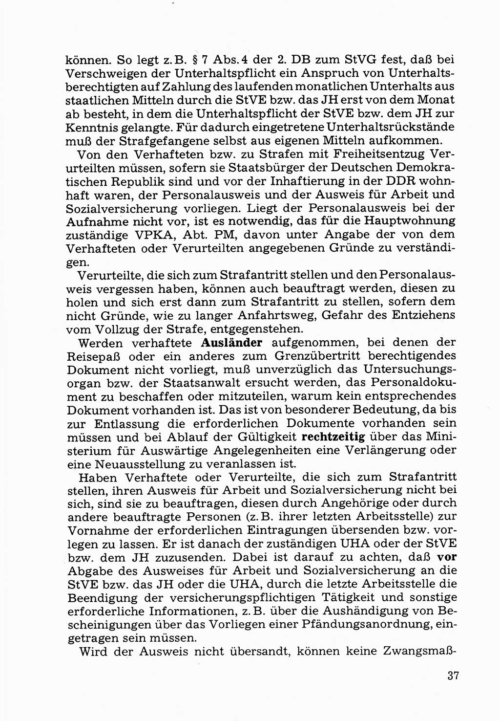 Verwaltungsmäßige Aufgaben beim Vollzug der Untersuchungshaft (U-Haft) sowie der Strafen mit Freiheitsentzug (SV) [Deutsche Demokratische Republik (DDR)] 1980, Seite 37 (Aufg. Vollz. U-Haft SV DDR 1980, S. 37)