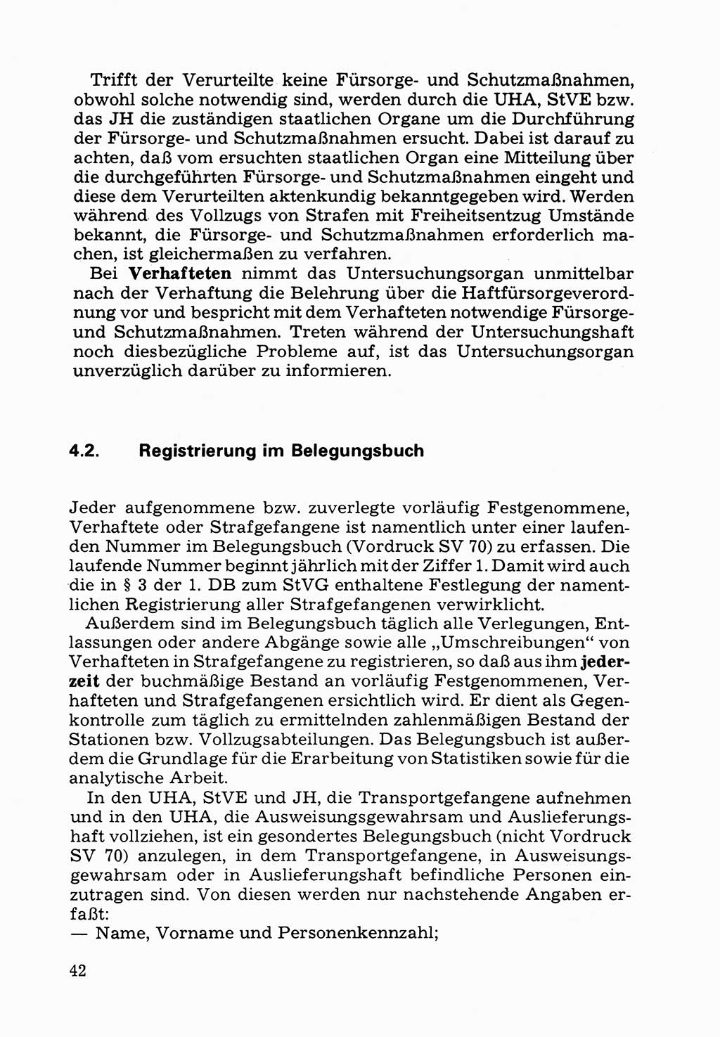 Verwaltungsmäßige Aufgaben beim Vollzug der Untersuchungshaft (U-Haft) sowie der Strafen mit Freiheitsentzug (SV) [Deutsche Demokratische Republik (DDR)] 1980, Seite 42 (Aufg. Vollz. U-Haft SV DDR 1980, S. 42)