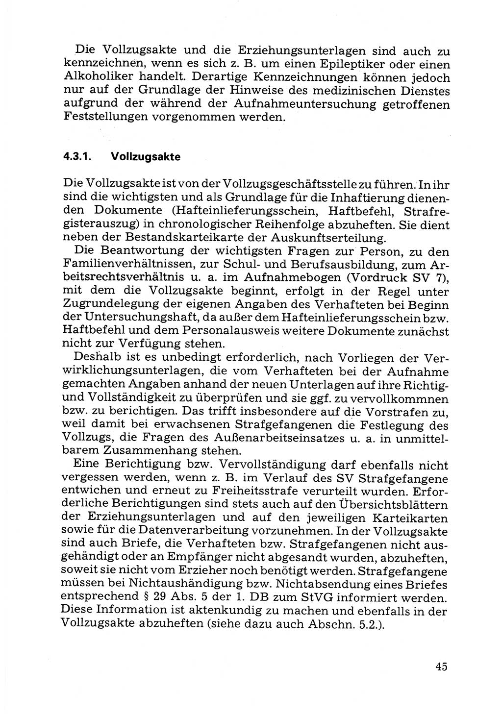 Verwaltungsmäßige Aufgaben beim Vollzug der Untersuchungshaft (U-Haft) sowie der Strafen mit Freiheitsentzug (SV) [Deutsche Demokratische Republik (DDR)] 1980, Seite 45 (Aufg. Vollz. U-Haft SV DDR 1980, S. 45)