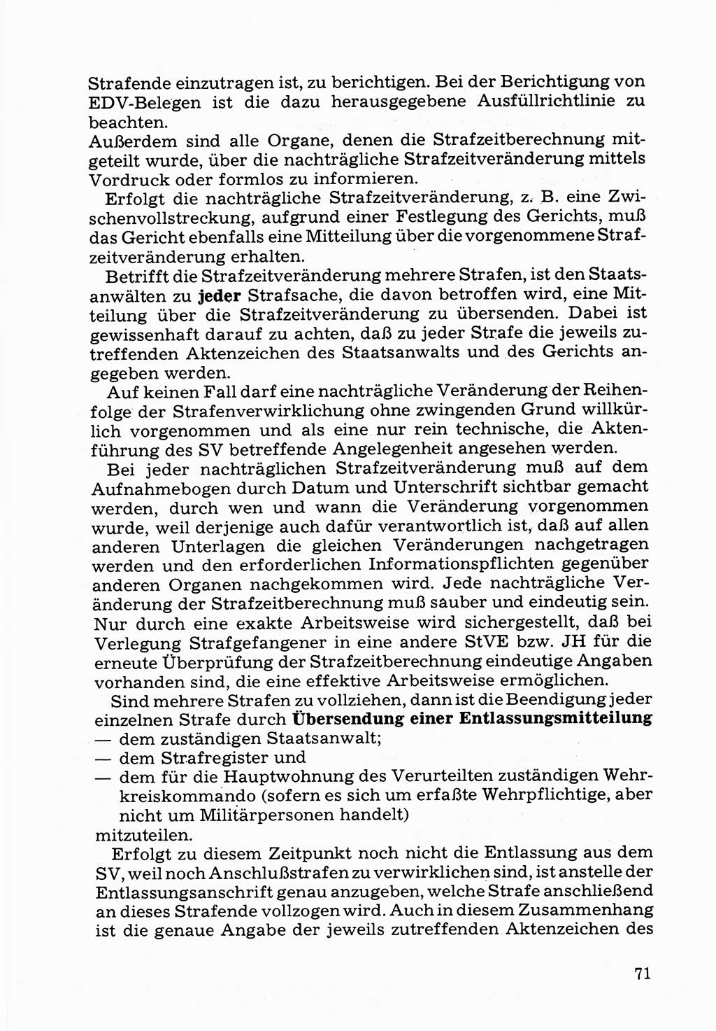 Verwaltungsmäßige Aufgaben beim Vollzug der Untersuchungshaft (U-Haft) sowie der Strafen mit Freiheitsentzug (SV) [Deutsche Demokratische Republik (DDR)] 1980, Seite 71 (Aufg. Vollz. U-Haft SV DDR 1980, S. 71)