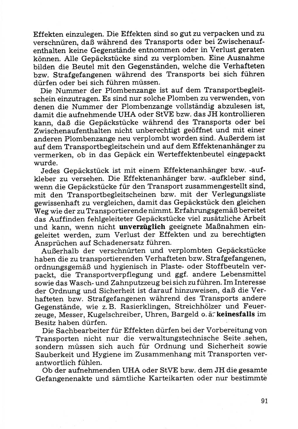 Verwaltungsmäßige Aufgaben beim Vollzug der Untersuchungshaft (U-Haft) sowie der Strafen mit Freiheitsentzug (SV) [Deutsche Demokratische Republik (DDR)] 1980, Seite 91 (Aufg. Vollz. U-Haft SV DDR 1980, S. 91)