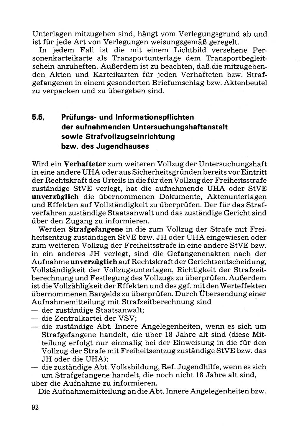 Verwaltungsmäßige Aufgaben beim Vollzug der Untersuchungshaft (U-Haft) sowie der Strafen mit Freiheitsentzug (SV) [Deutsche Demokratische Republik (DDR)] 1980, Seite 92 (Aufg. Vollz. U-Haft SV DDR 1980, S. 92)