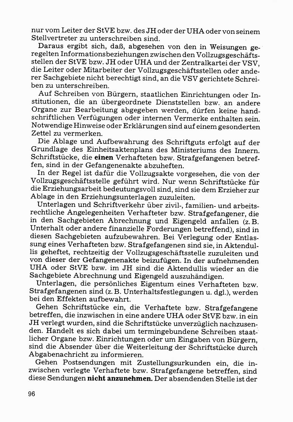 Verwaltungsmäßige Aufgaben beim Vollzug der Untersuchungshaft (U-Haft) sowie der Strafen mit Freiheitsentzug (SV) [Deutsche Demokratische Republik (DDR)] 1980, Seite 96 (Aufg. Vollz. U-Haft SV DDR 1980, S. 96)