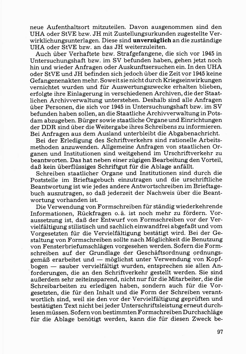 Verwaltungsmäßige Aufgaben beim Vollzug der Untersuchungshaft (U-Haft) sowie der Strafen mit Freiheitsentzug (SV) [Deutsche Demokratische Republik (DDR)] 1980, Seite 97 (Aufg. Vollz. U-Haft SV DDR 1980, S. 97)