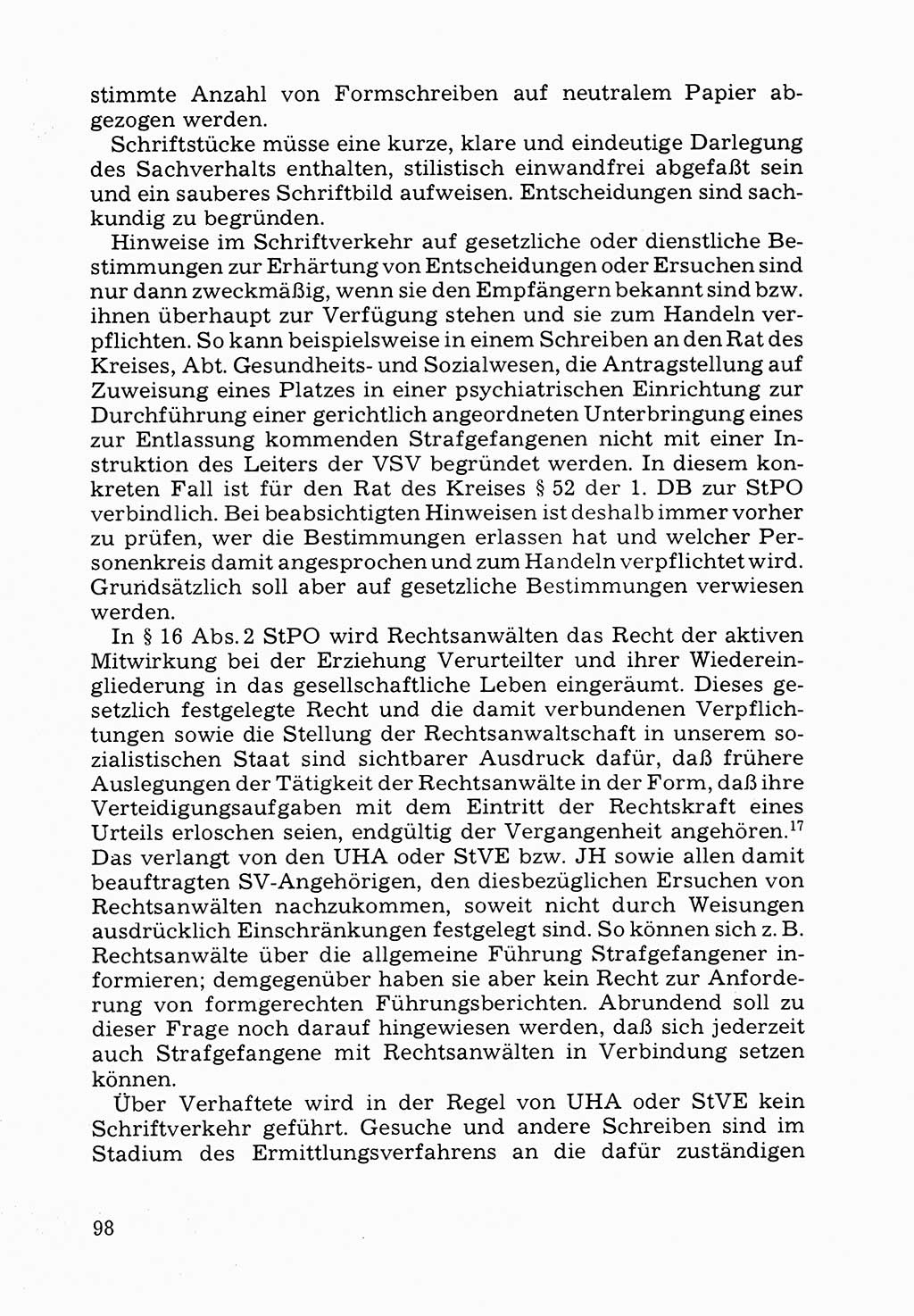 Verwaltungsmäßige Aufgaben beim Vollzug der Untersuchungshaft (U-Haft) sowie der Strafen mit Freiheitsentzug (SV) [Deutsche Demokratische Republik (DDR)] 1980, Seite 98 (Aufg. Vollz. U-Haft SV DDR 1980, S. 98)