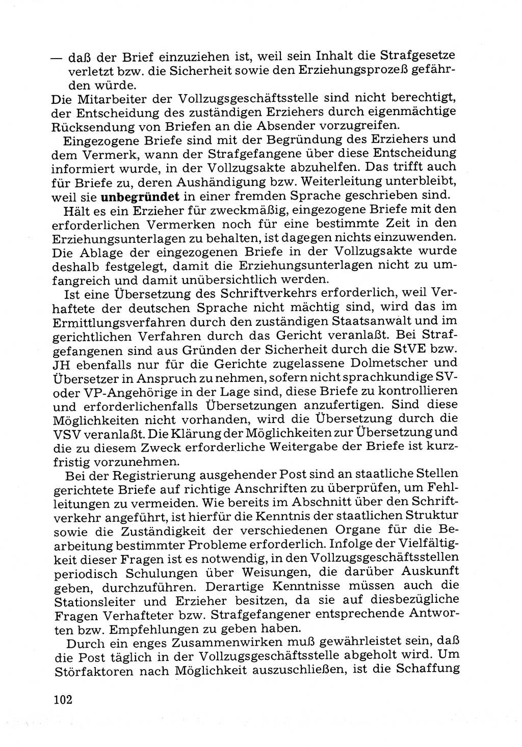 Verwaltungsmäßige Aufgaben beim Vollzug der Untersuchungshaft (U-Haft) sowie der Strafen mit Freiheitsentzug (SV) [Deutsche Demokratische Republik (DDR)] 1980, Seite 102 (Aufg. Vollz. U-Haft SV DDR 1980, S. 102)