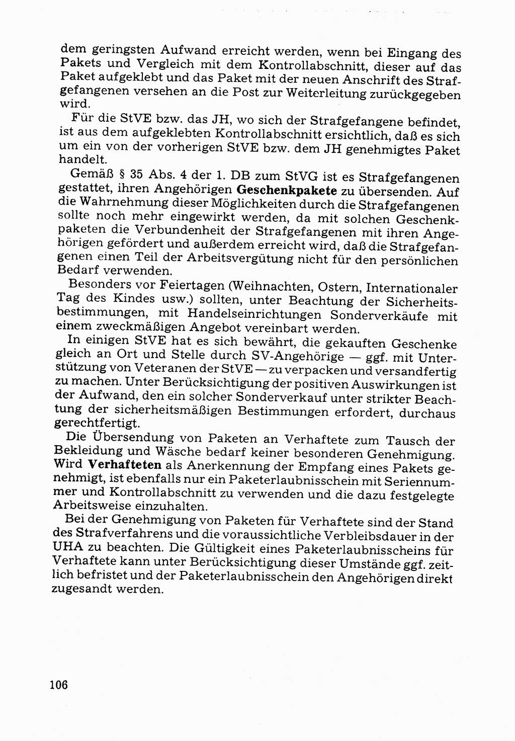 Verwaltungsmäßige Aufgaben beim Vollzug der Untersuchungshaft (U-Haft) sowie der Strafen mit Freiheitsentzug (SV) [Deutsche Demokratische Republik (DDR)] 1980, Seite 106 (Aufg. Vollz. U-Haft SV DDR 1980, S. 106)