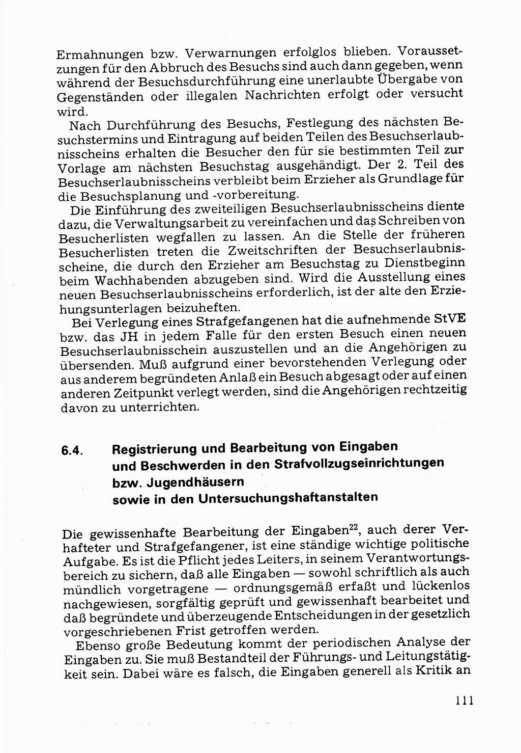 Verwaltungsmäßige Aufgaben beim Vollzug der Untersuchungshaft (U-Haft) sowie der Strafen mit Freiheitsentzug (SV) [Deutsche Demokratische Republik (DDR)] 1980, Seite 111 (Aufg. Vollz. U-Haft SV DDR 1980, S. 111)
