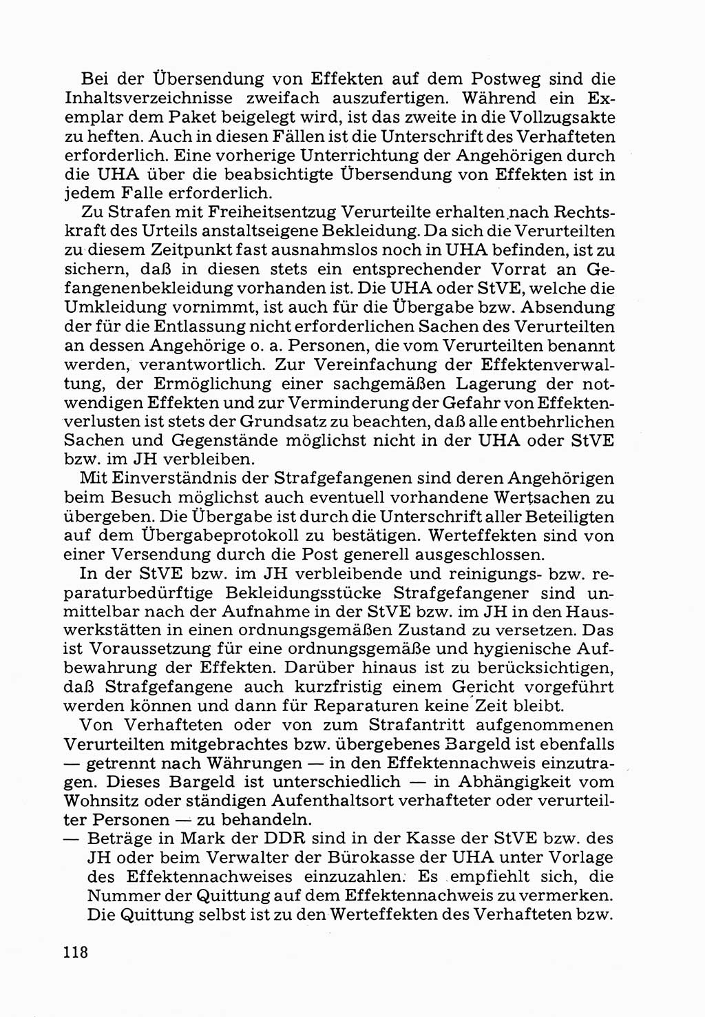 Verwaltungsmäßige Aufgaben beim Vollzug der Untersuchungshaft (U-Haft) sowie der Strafen mit Freiheitsentzug (SV) [Deutsche Demokratische Republik (DDR)] 1980, Seite 118 (Aufg. Vollz. U-Haft SV DDR 1980, S. 118)