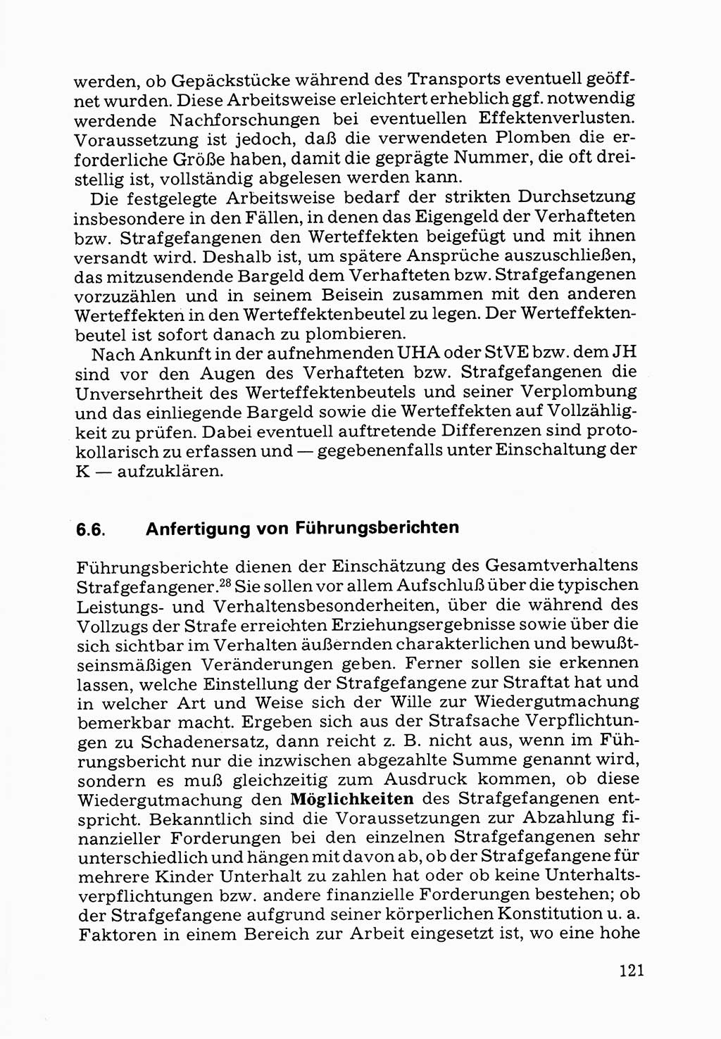 Verwaltungsmäßige Aufgaben beim Vollzug der Untersuchungshaft (U-Haft) sowie der Strafen mit Freiheitsentzug (SV) [Deutsche Demokratische Republik (DDR)] 1980, Seite 121 (Aufg. Vollz. U-Haft SV DDR 1980, S. 121)