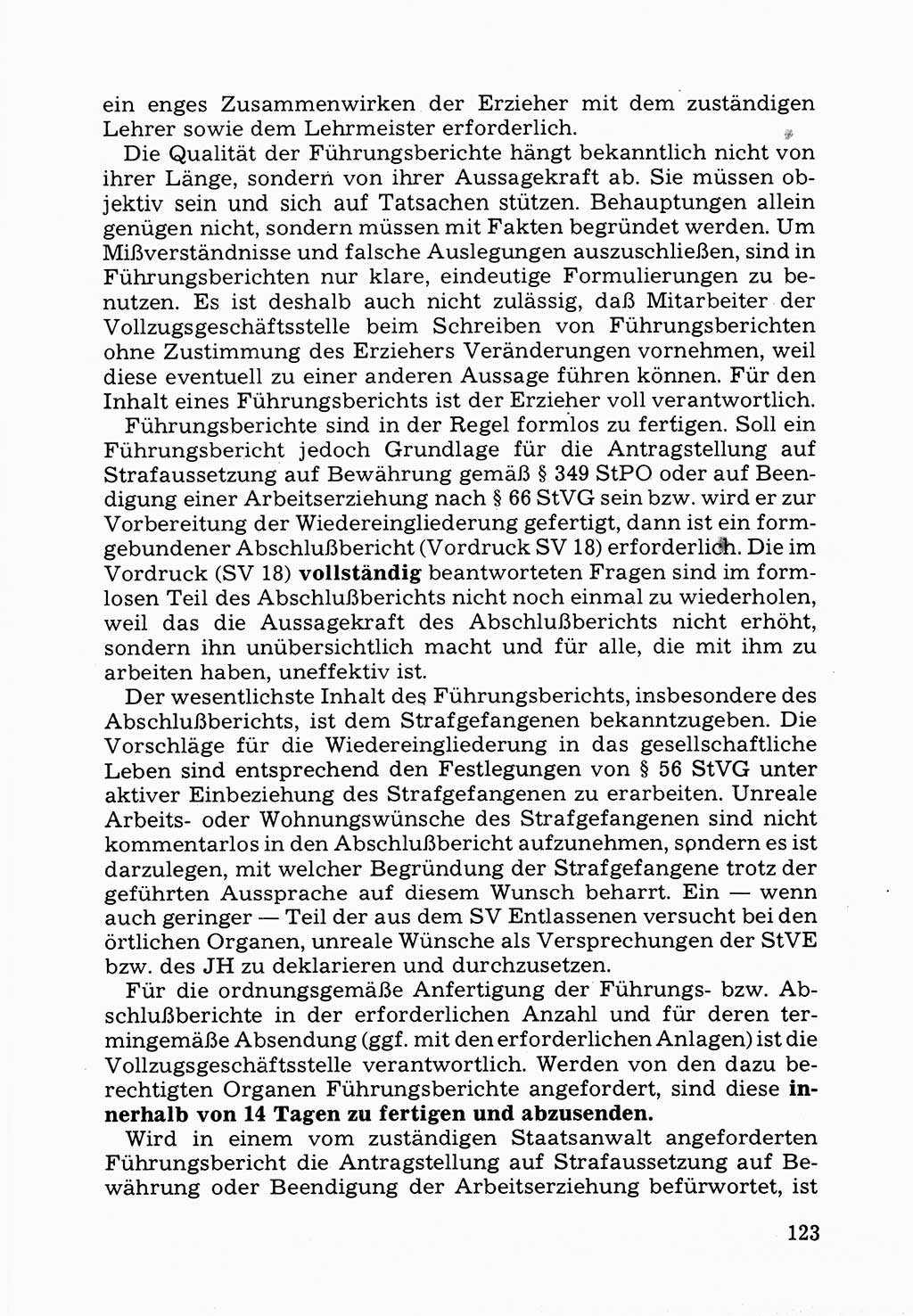 Verwaltungsmäßige Aufgaben beim Vollzug der Untersuchungshaft (U-Haft) sowie der Strafen mit Freiheitsentzug (SV) [Deutsche Demokratische Republik (DDR)] 1980, Seite 123 (Aufg. Vollz. U-Haft SV DDR 1980, S. 123)
