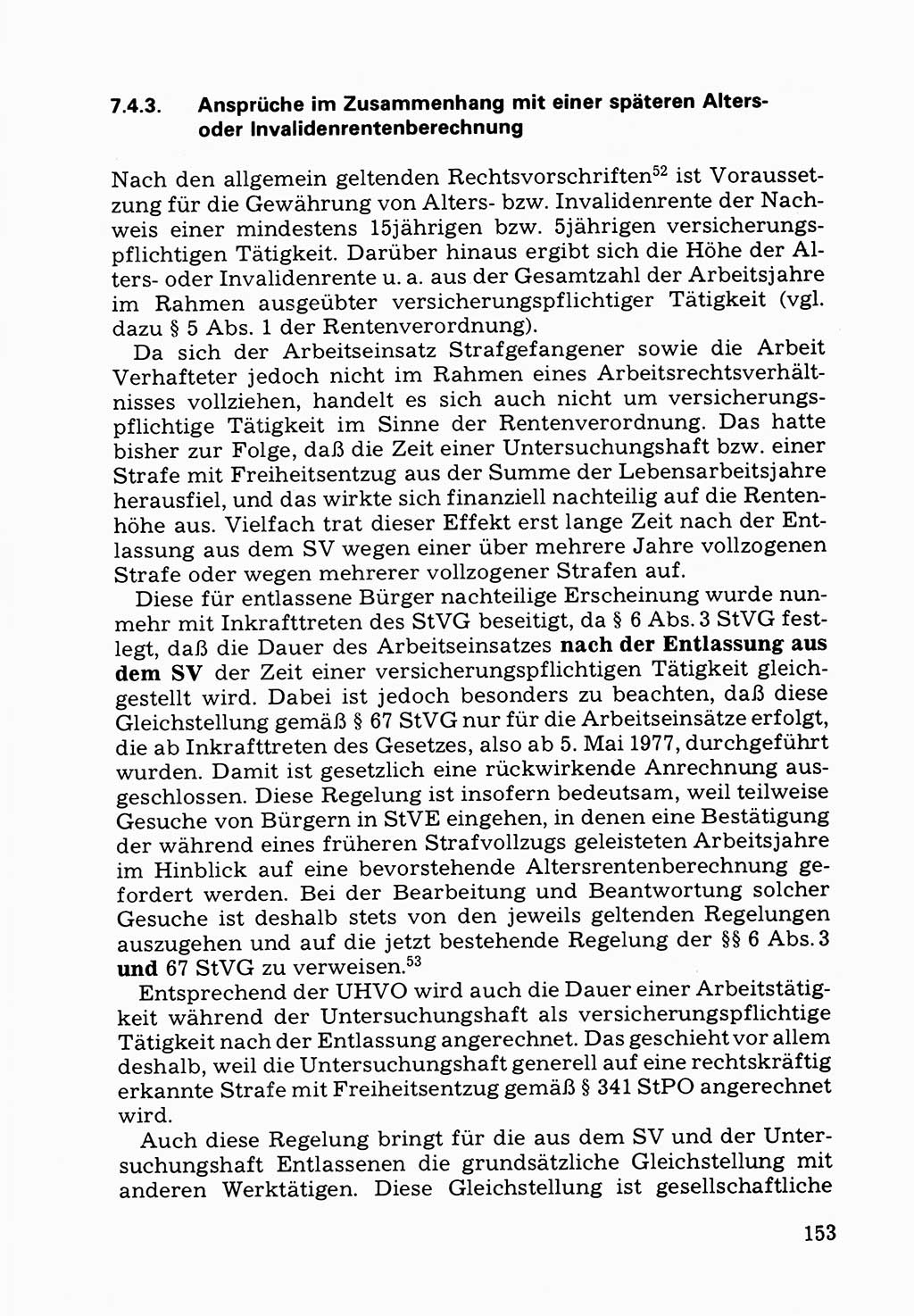 Verwaltungsmäßige Aufgaben beim Vollzug der Untersuchungshaft (U-Haft) sowie der Strafen mit Freiheitsentzug (SV) [Deutsche Demokratische Republik (DDR)] 1980, Seite 153 (Aufg. Vollz. U-Haft SV DDR 1980, S. 153)