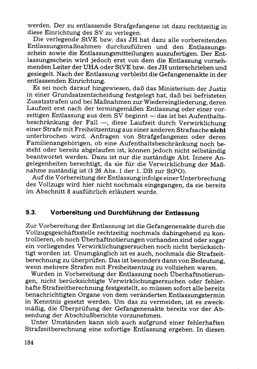 Verwaltungsmäßige Aufgaben beim Vollzug der Untersuchungshaft (U-Haft) sowie der Strafen mit Freiheitsentzug (SV) [Deutsche Demokratische Republik (DDR)] 1980, Seite 184 (Aufg. Vollz. U-Haft SV DDR 1980, S. 184)