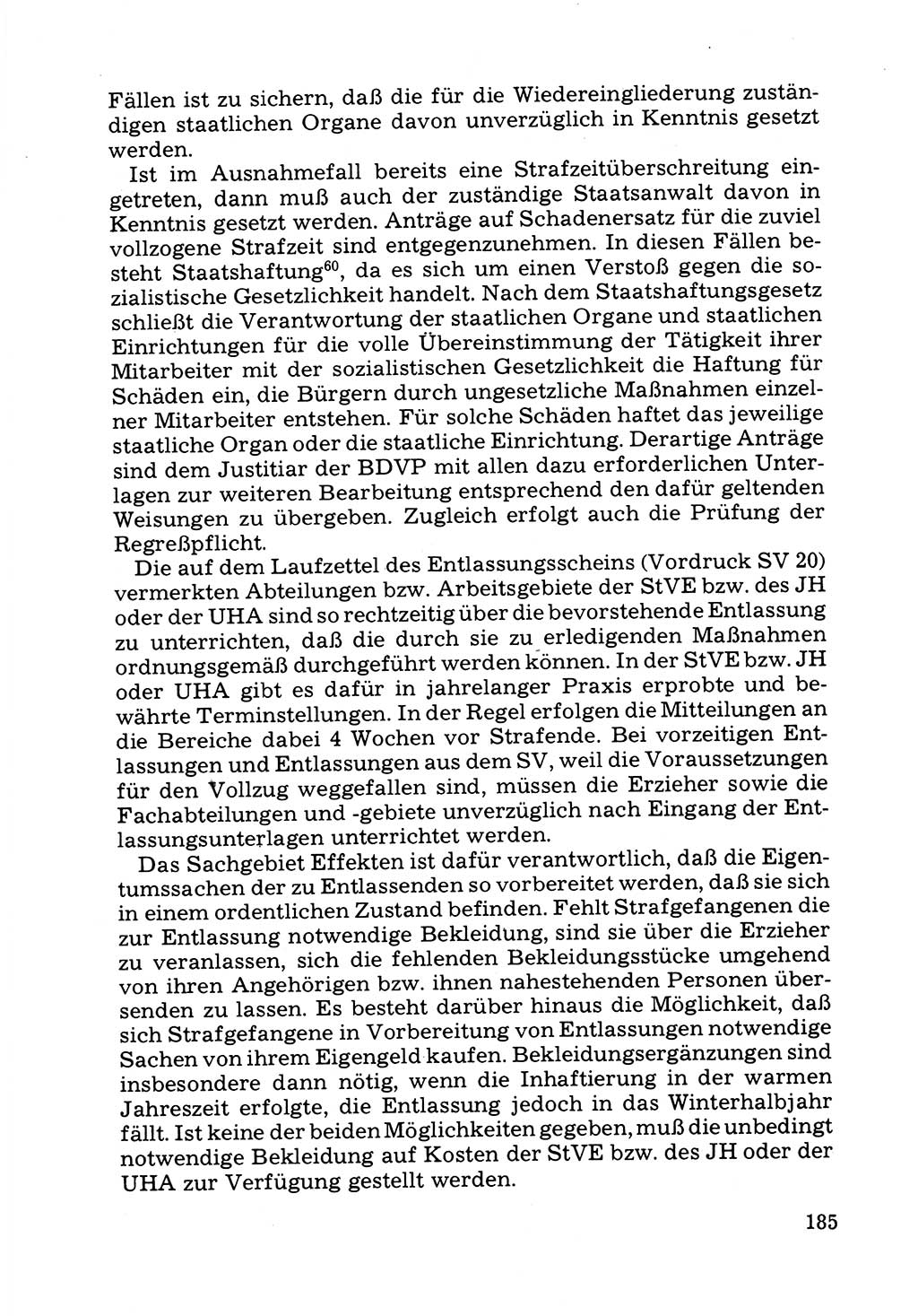 Verwaltungsmäßige Aufgaben beim Vollzug der Untersuchungshaft (U-Haft) sowie der Strafen mit Freiheitsentzug (SV) [Deutsche Demokratische Republik (DDR)] 1980, Seite 185 (Aufg. Vollz. U-Haft SV DDR 1980, S. 185)