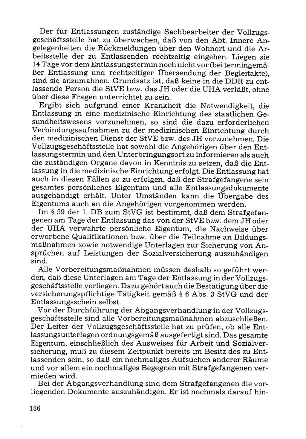 Verwaltungsmäßige Aufgaben beim Vollzug der Untersuchungshaft (U-Haft) sowie der Strafen mit Freiheitsentzug (SV) [Deutsche Demokratische Republik (DDR)] 1980, Seite 186 (Aufg. Vollz. U-Haft SV DDR 1980, S. 186)