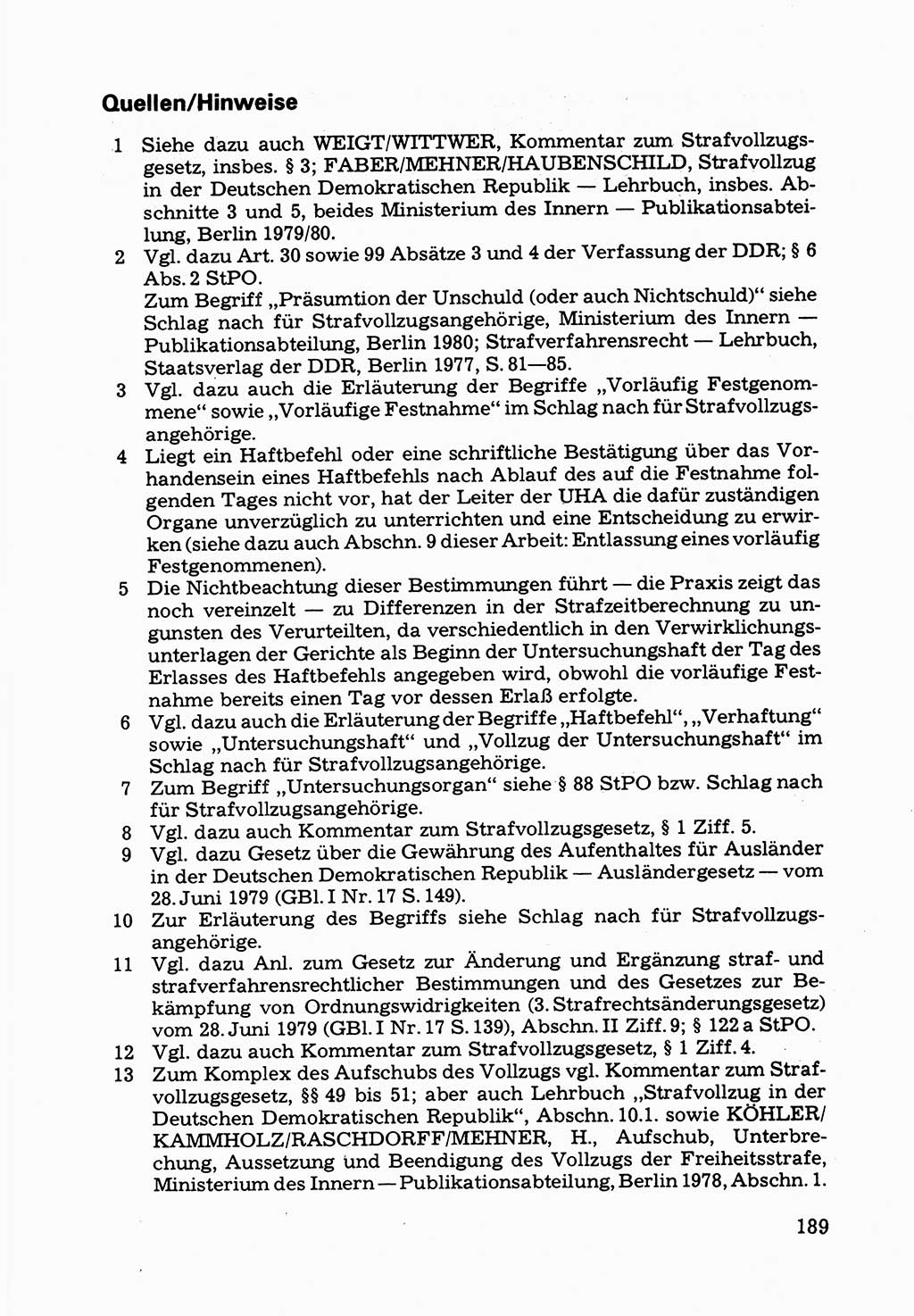 Verwaltungsmäßige Aufgaben beim Vollzug der Untersuchungshaft (U-Haft) sowie der Strafen mit Freiheitsentzug (SV) [Deutsche Demokratische Republik (DDR)] 1980, Seite 189 (Aufg. Vollz. U-Haft SV DDR 1980, S. 189)