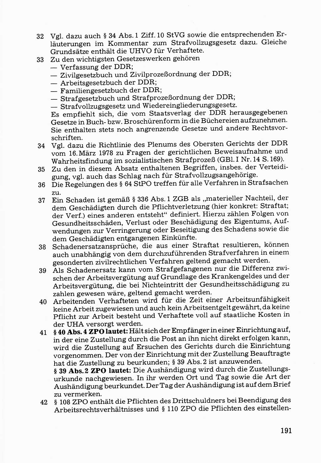Verwaltungsmäßige Aufgaben beim Vollzug der Untersuchungshaft (U-Haft) sowie der Strafen mit Freiheitsentzug (SV) [Deutsche Demokratische Republik (DDR)] 1980, Seite 191 (Aufg. Vollz. U-Haft SV DDR 1980, S. 191)