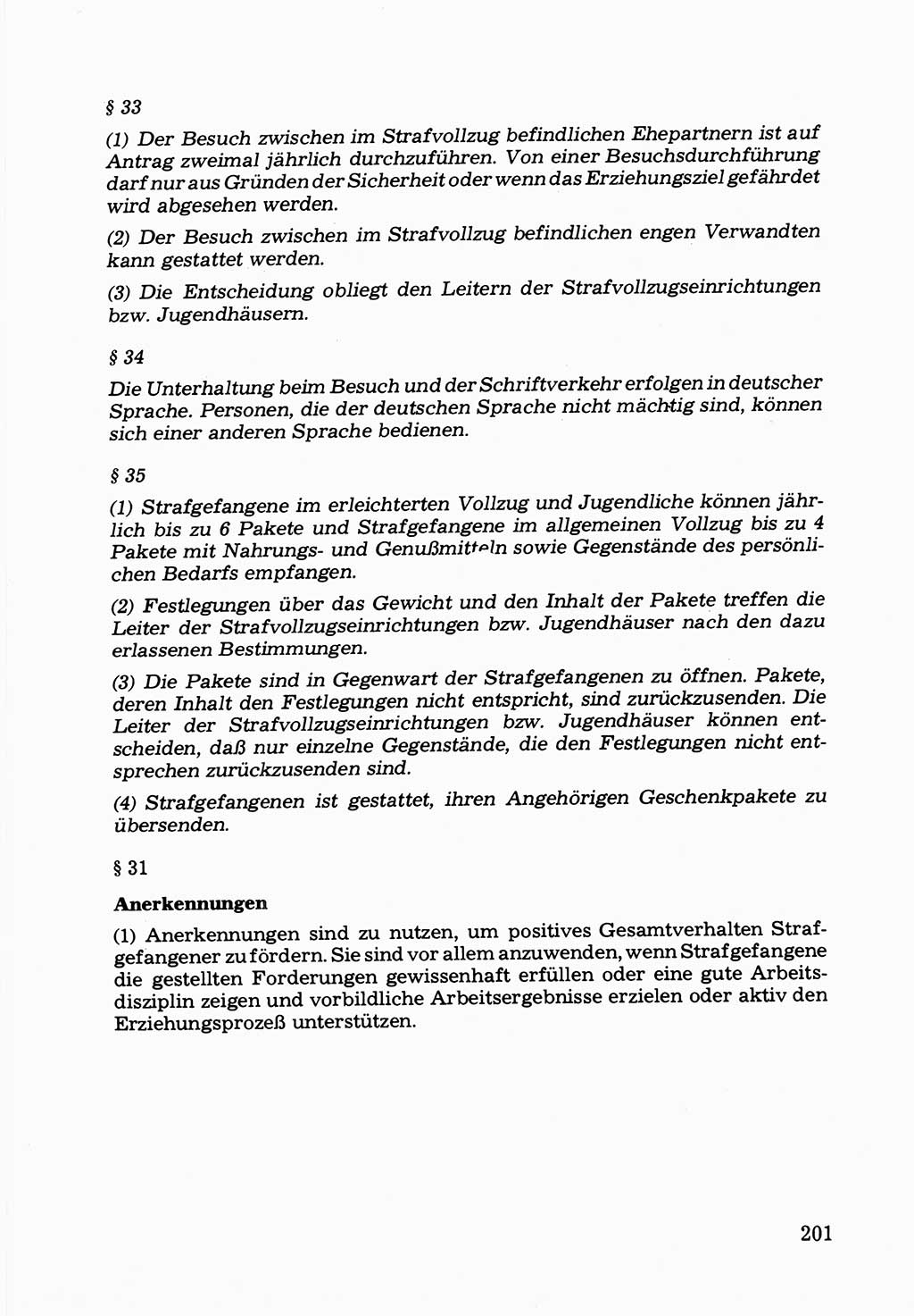 Verwaltungsmäßige Aufgaben beim Vollzug der Untersuchungshaft (U-Haft) sowie der Strafen mit Freiheitsentzug (SV) [Deutsche Demokratische Republik (DDR)] 1980, Seite 201 (Aufg. Vollz. U-Haft SV DDR 1980, S. 201)