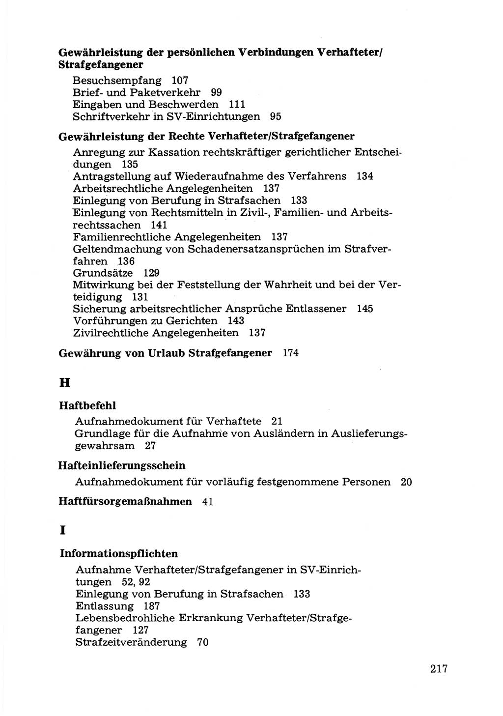 Verwaltungsmäßige Aufgaben beim Vollzug der Untersuchungshaft (U-Haft) sowie der Strafen mit Freiheitsentzug (SV) [Deutsche Demokratische Republik (DDR)] 1980, Seite 217 (Aufg. Vollz. U-Haft SV DDR 1980, S. 217)