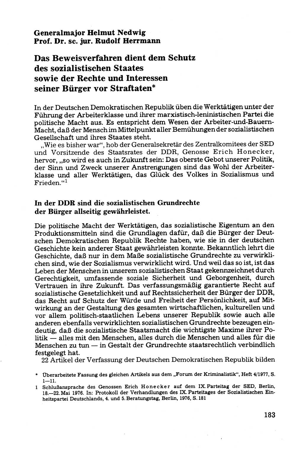 Grundfragen der Beweisführung im Ermittlungsverfahren [Deutsche Demokratische Republik (DDR)] 1980, Seite 183 (Bws.-Fhrg. EV DDR 1980, S. 183)