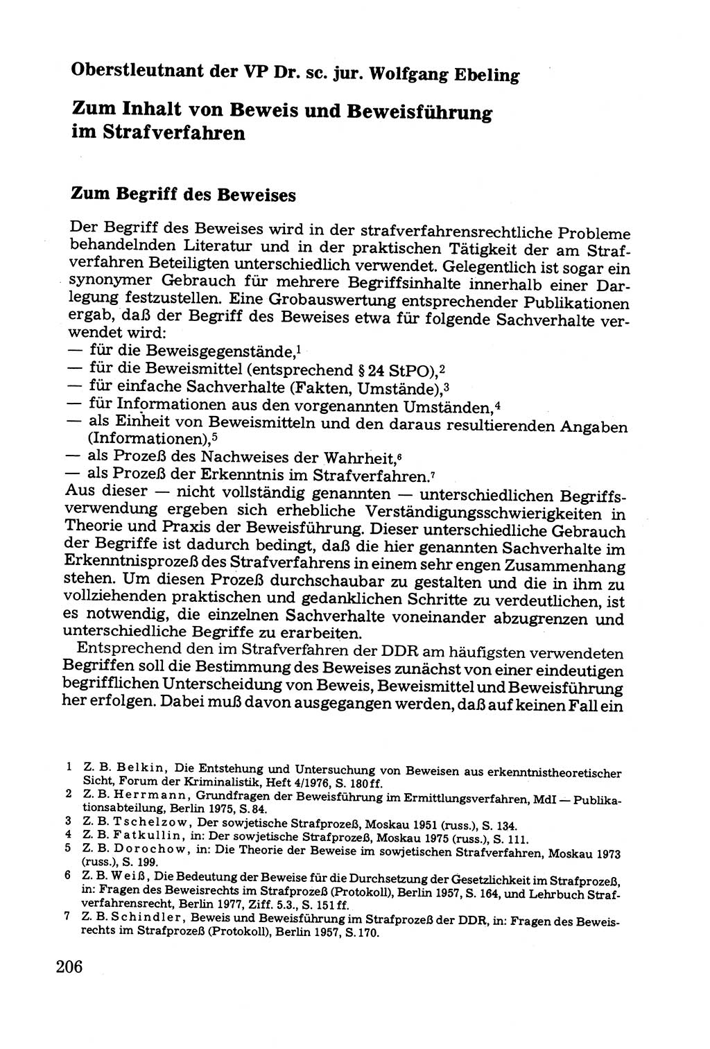 Grundfragen der Beweisführung im Ermittlungsverfahren [Deutsche Demokratische Republik (DDR)] 1980, Seite 206 (Bws.-Fhrg. EV DDR 1980, S. 206)