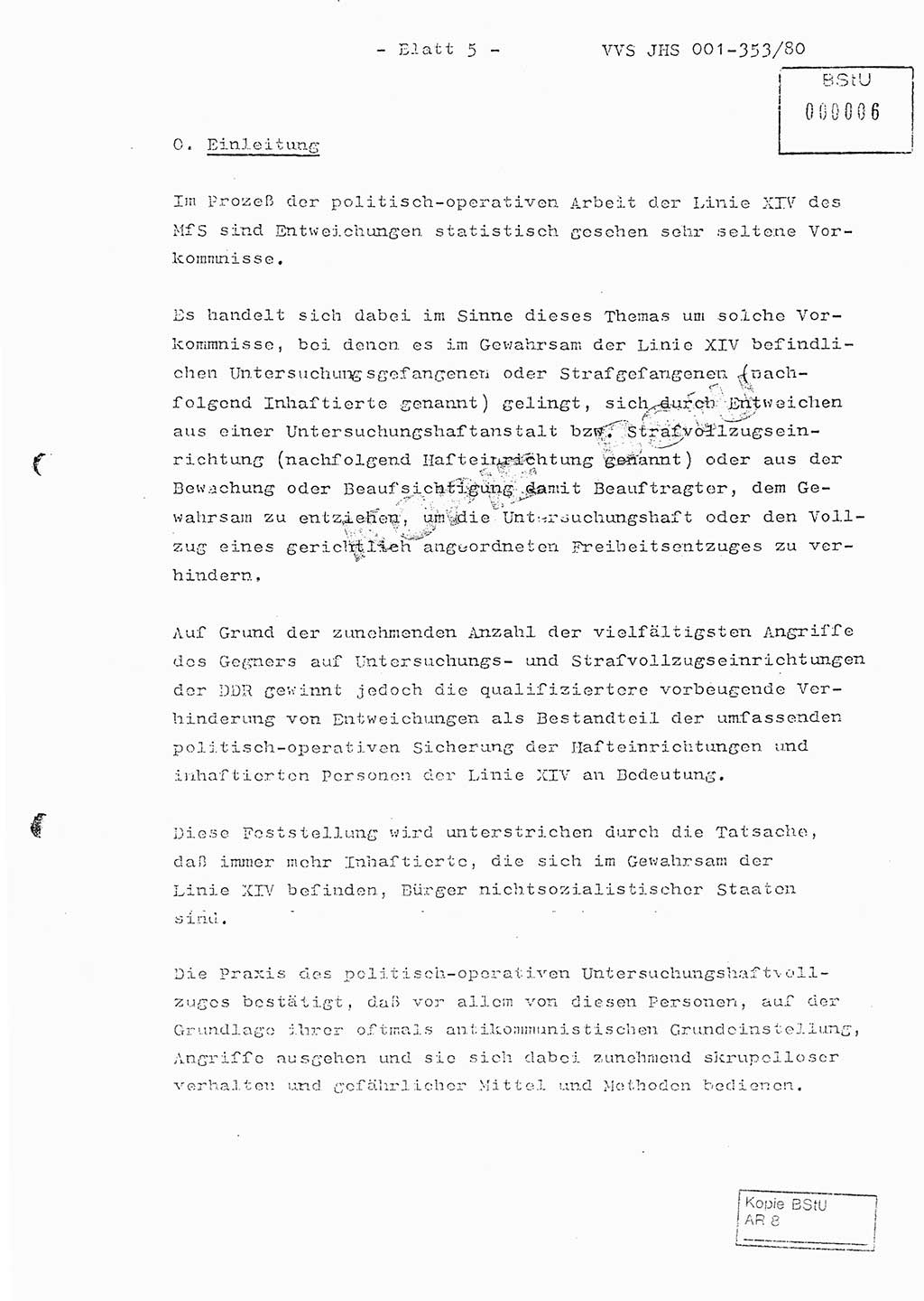 Diplomarbeit Hauptmann Joachim Klaumünzner (Abt. ⅩⅣ), Ministerium für Staatssicherheit (MfS) [Deutsche Demokratische Republik (DDR)], Juristische Hochschule (JHS), Vertrauliche Verschlußsache (VVS) o001-353/80, Potsdam 1980, Blatt 5 (Dipl.-Arb. MfS DDR JHS VVS o001-353/80 1980, Bl. 5)