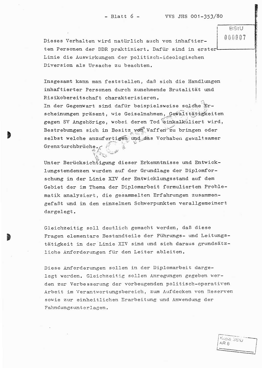 Diplomarbeit Hauptmann Joachim Klaumünzner (Abt. ⅩⅣ), Ministerium für Staatssicherheit (MfS) [Deutsche Demokratische Republik (DDR)], Juristische Hochschule (JHS), Vertrauliche Verschlußsache (VVS) o001-353/80, Potsdam 1980, Blatt 6 (Dipl.-Arb. MfS DDR JHS VVS o001-353/80 1980, Bl. 6)