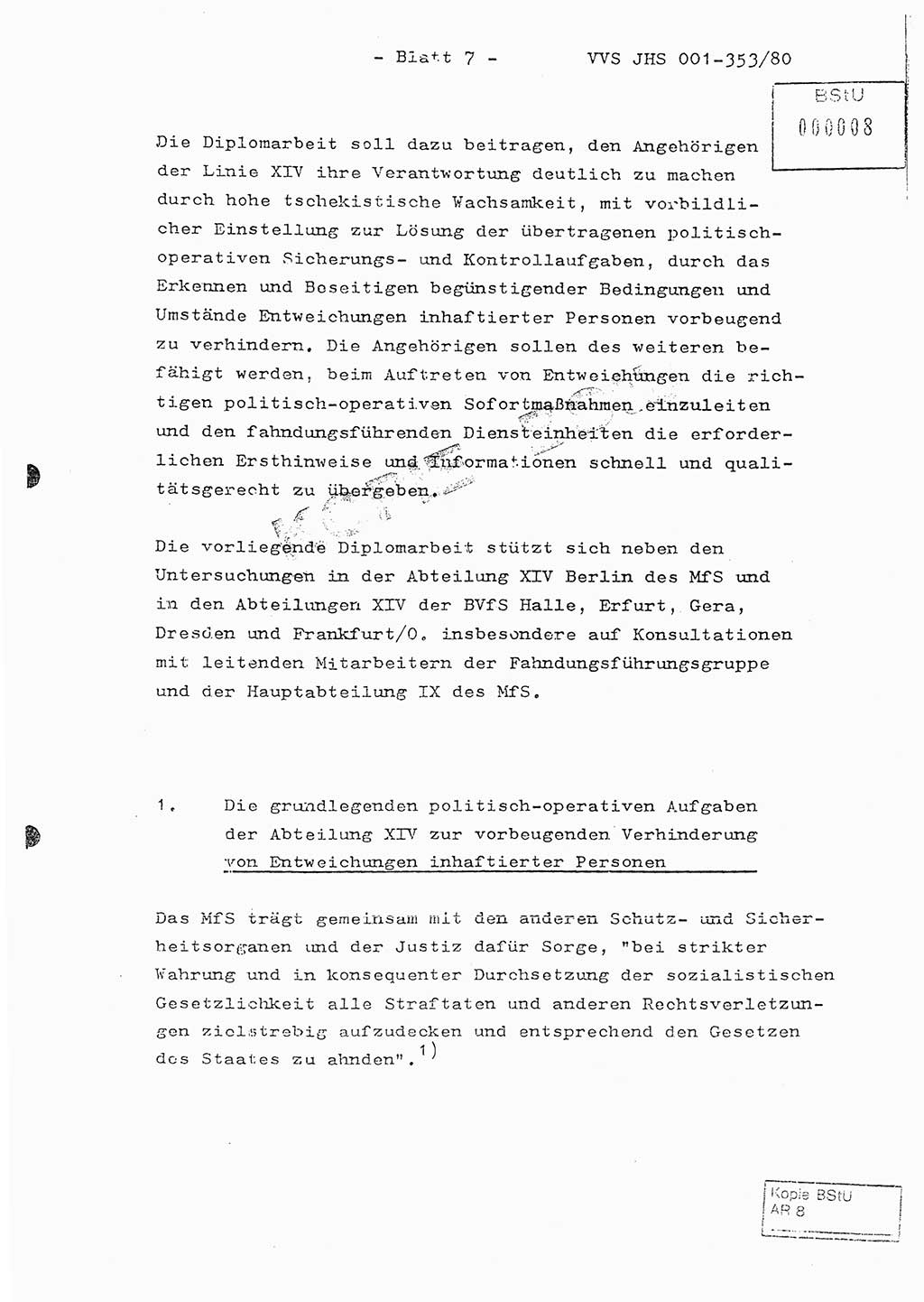 Diplomarbeit Hauptmann Joachim Klaumünzner (Abt. ⅩⅣ), Ministerium für Staatssicherheit (MfS) [Deutsche Demokratische Republik (DDR)], Juristische Hochschule (JHS), Vertrauliche Verschlußsache (VVS) o001-353/80, Potsdam 1980, Blatt 7 (Dipl.-Arb. MfS DDR JHS VVS o001-353/80 1980, Bl. 7)