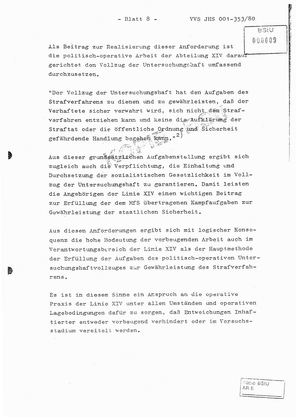 Diplomarbeit Hauptmann Joachim Klaumünzner (Abt. ⅩⅣ), Ministerium für Staatssicherheit (MfS) [Deutsche Demokratische Republik (DDR)], Juristische Hochschule (JHS), Vertrauliche Verschlußsache (VVS) o001-353/80, Potsdam 1980, Blatt 8 (Dipl.-Arb. MfS DDR JHS VVS o001-353/80 1980, Bl. 8)