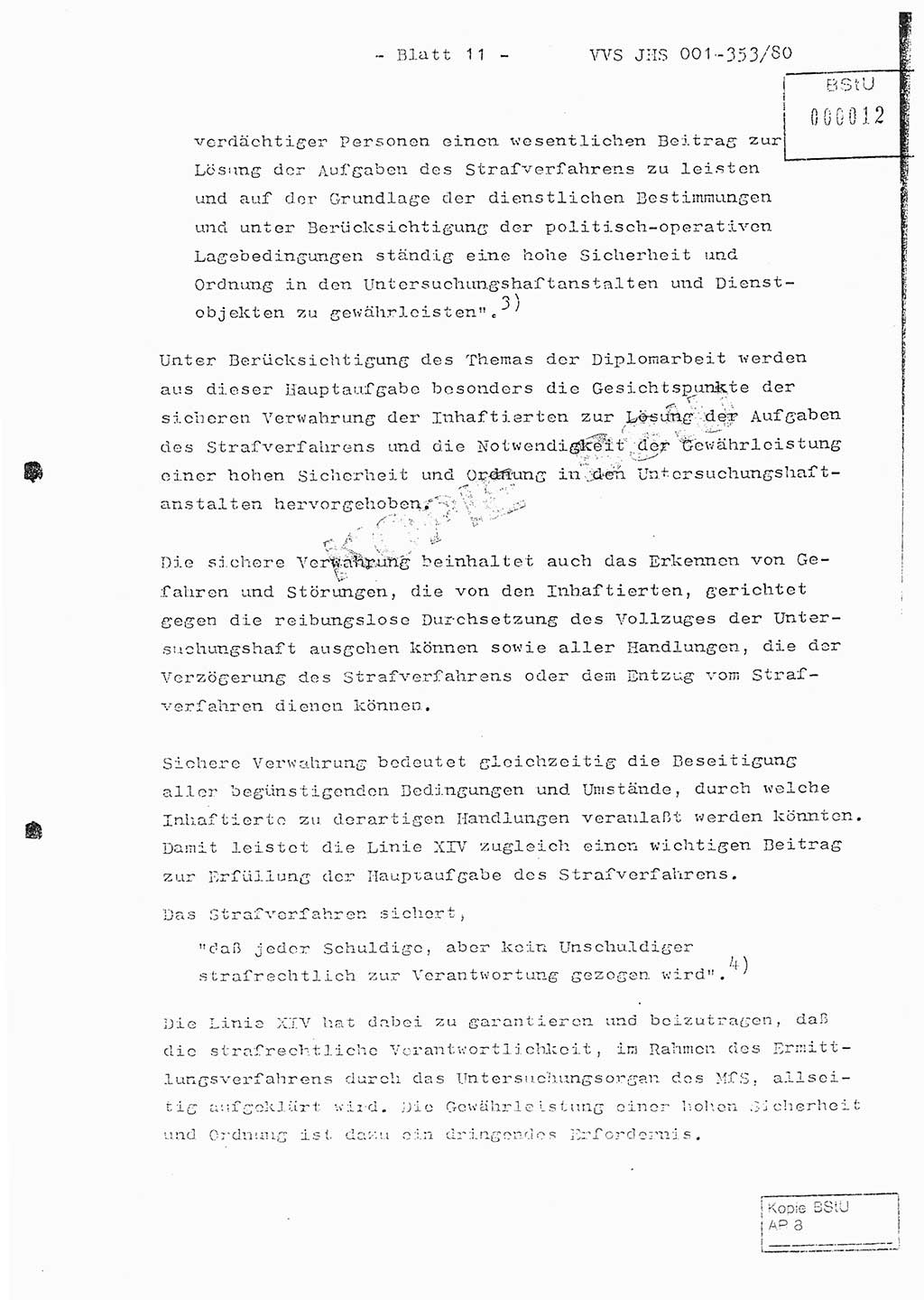 Diplomarbeit Hauptmann Joachim Klaumünzner (Abt. ⅩⅣ), Ministerium für Staatssicherheit (MfS) [Deutsche Demokratische Republik (DDR)], Juristische Hochschule (JHS), Vertrauliche Verschlußsache (VVS) o001-353/80, Potsdam 1980, Blatt 11 (Dipl.-Arb. MfS DDR JHS VVS o001-353/80 1980, Bl. 11)