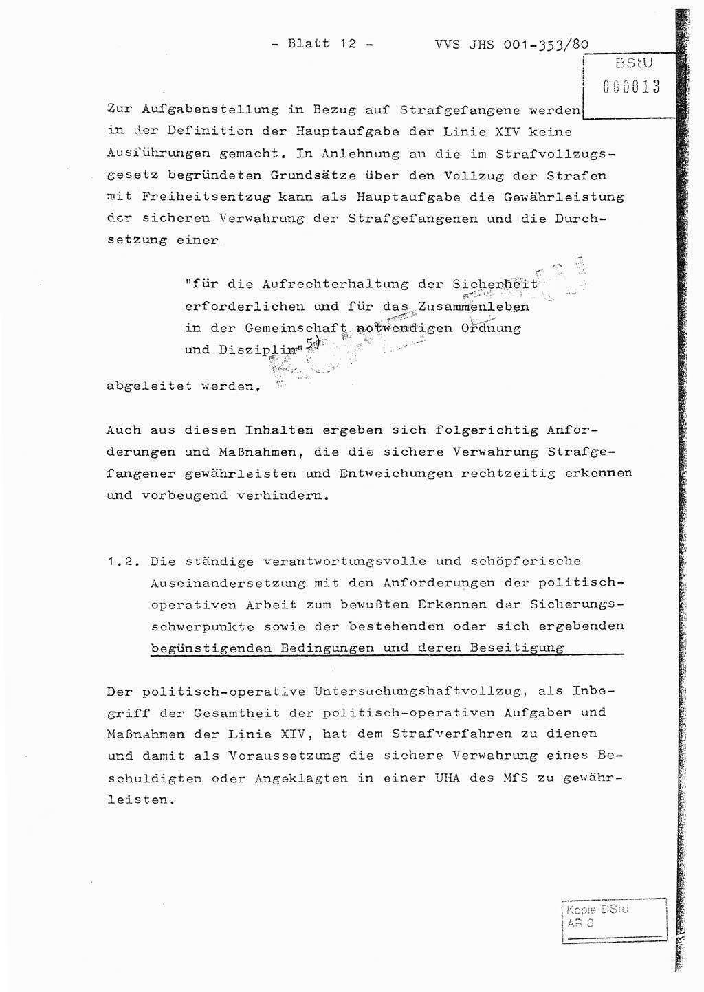 Diplomarbeit Hauptmann Joachim Klaumünzner (Abt. ⅩⅣ), Ministerium für Staatssicherheit (MfS) [Deutsche Demokratische Republik (DDR)], Juristische Hochschule (JHS), Vertrauliche Verschlußsache (VVS) o001-353/80, Potsdam 1980, Blatt 12 (Dipl.-Arb. MfS DDR JHS VVS o001-353/80 1980, Bl. 12)