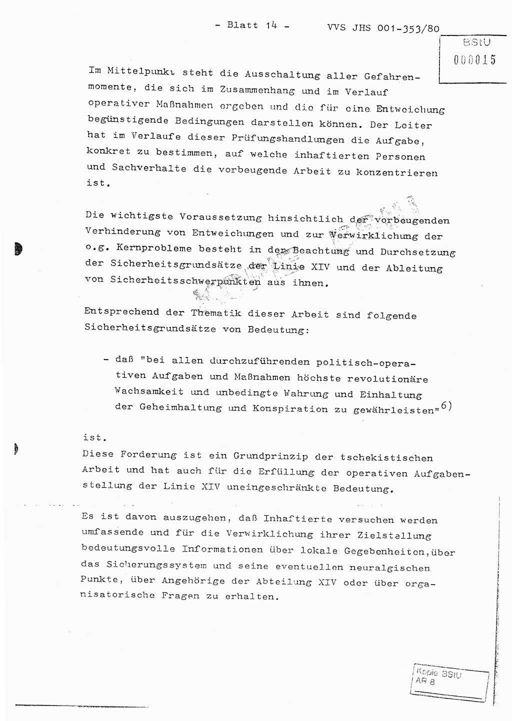 Diplomarbeit Hauptmann Joachim Klaumünzner (Abt. ⅩⅣ), Ministerium für Staatssicherheit (MfS) [Deutsche Demokratische Republik (DDR)], Juristische Hochschule (JHS), Vertrauliche Verschlußsache (VVS) o001-353/80, Potsdam 1980, Blatt 14 (Dipl.-Arb. MfS DDR JHS VVS o001-353/80 1980, Bl. 14)