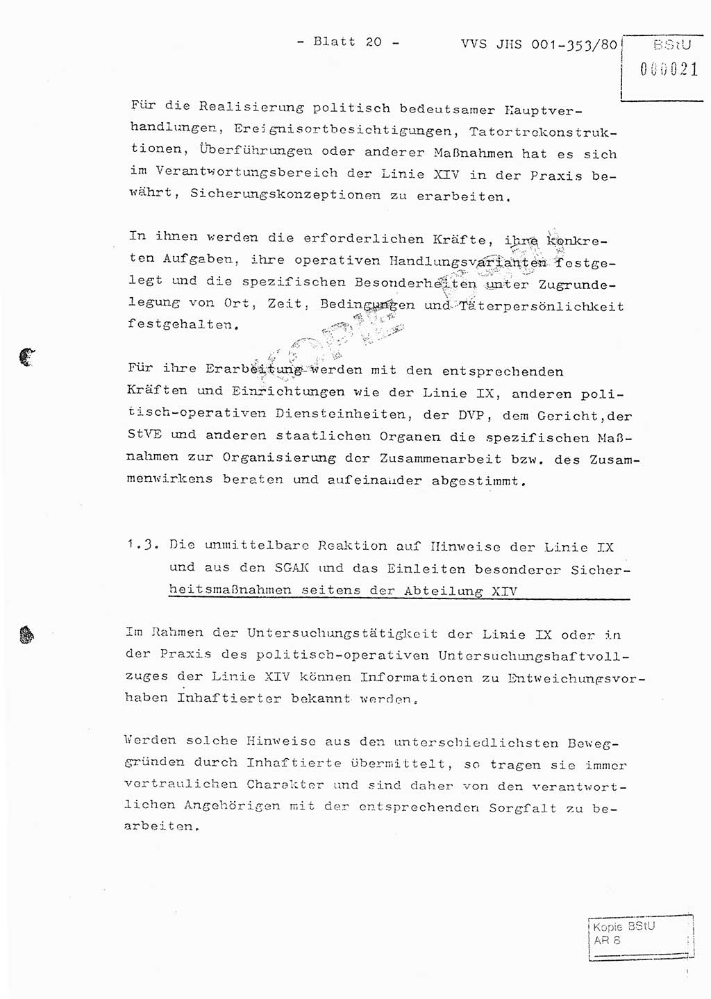 Diplomarbeit Hauptmann Joachim Klaumünzner (Abt. ⅩⅣ), Ministerium für Staatssicherheit (MfS) [Deutsche Demokratische Republik (DDR)], Juristische Hochschule (JHS), Vertrauliche Verschlußsache (VVS) o001-353/80, Potsdam 1980, Blatt 20 (Dipl.-Arb. MfS DDR JHS VVS o001-353/80 1980, Bl. 20)
