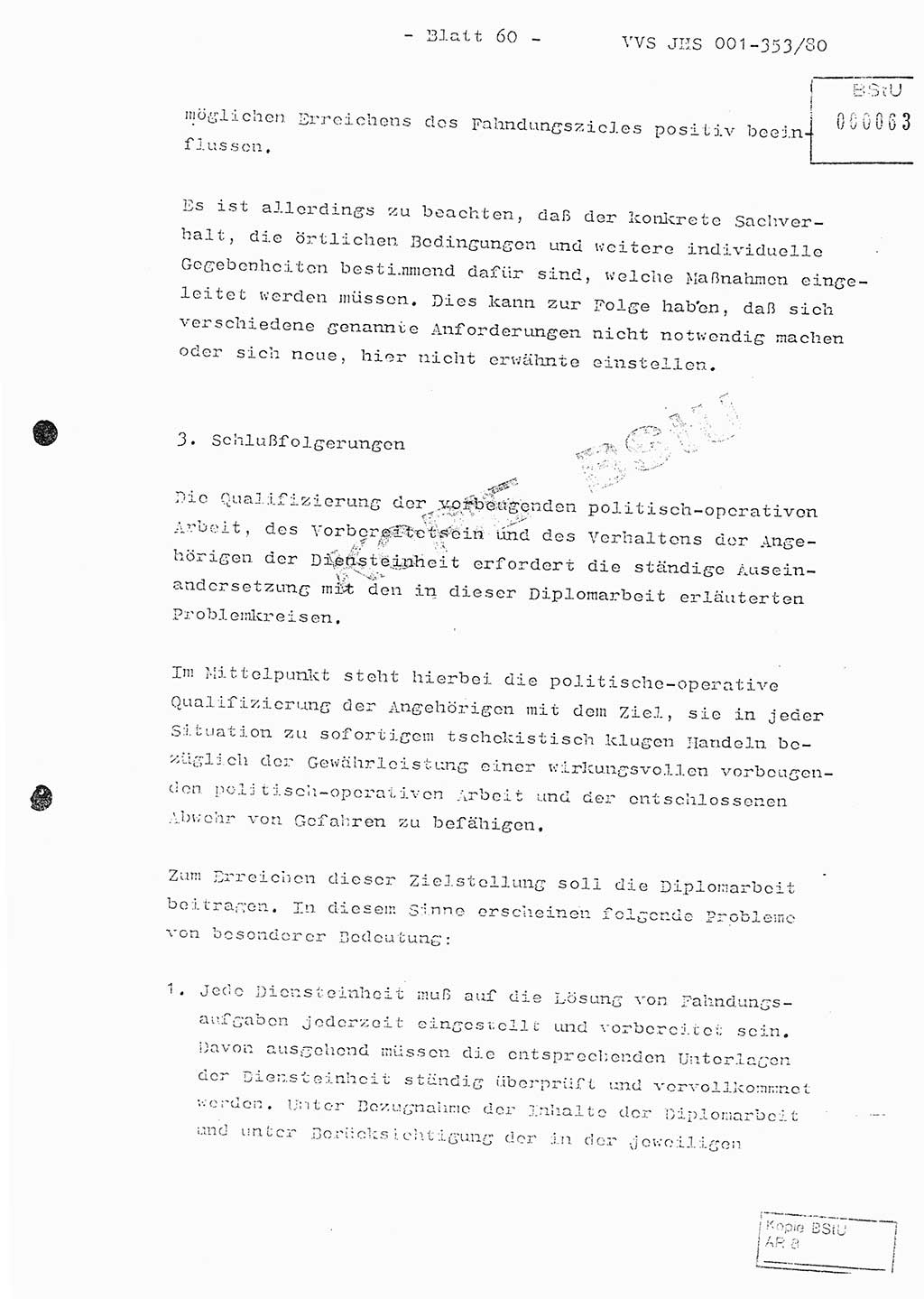 Diplomarbeit Hauptmann Joachim Klaumünzner (Abt. ⅩⅣ), Ministerium für Staatssicherheit (MfS) [Deutsche Demokratische Republik (DDR)], Juristische Hochschule (JHS), Vertrauliche Verschlußsache (VVS) o001-353/80, Potsdam 1980, Blatt 60 (Dipl.-Arb. MfS DDR JHS VVS o001-353/80 1980, Bl. 60)