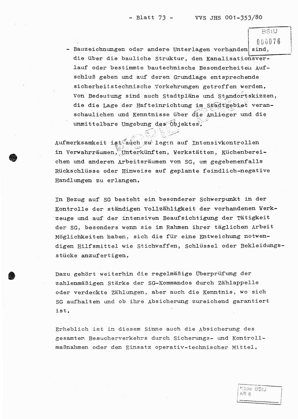 Diplomarbeit Hauptmann Joachim Klaumünzner (Abt. ⅩⅣ), Ministerium für Staatssicherheit (MfS) [Deutsche Demokratische Republik (DDR)], Juristische Hochschule (JHS), Vertrauliche Verschlußsache (VVS) o001-353/80, Potsdam 1980, Blatt 73 (Dipl.-Arb. MfS DDR JHS VVS o001-353/80 1980, Bl. 73)