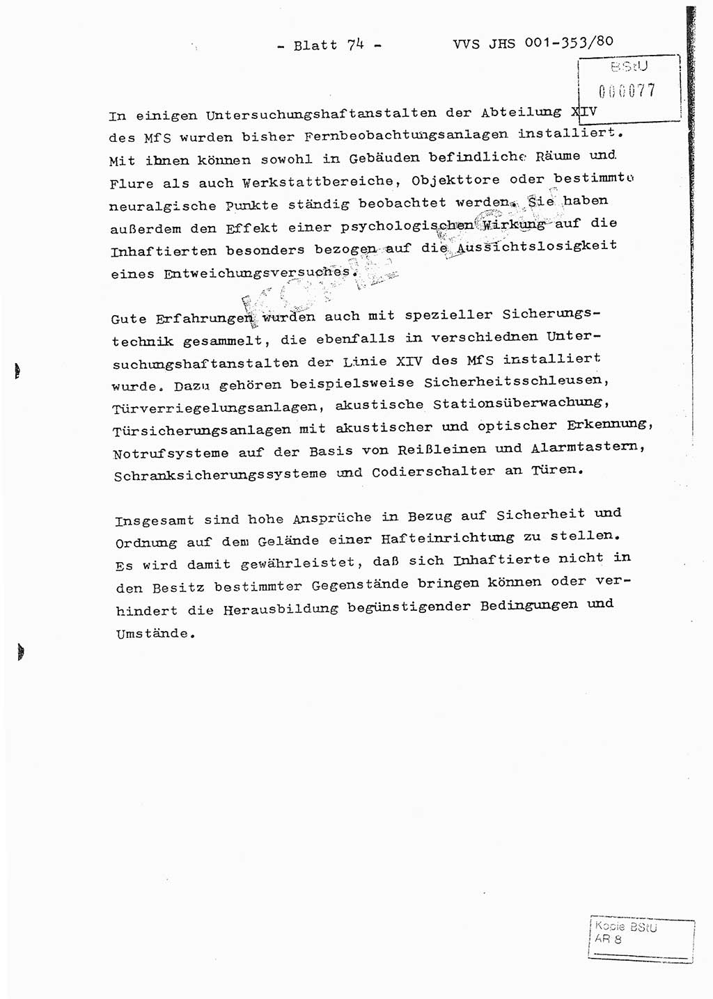 Diplomarbeit Hauptmann Joachim Klaumünzner (Abt. ⅩⅣ), Ministerium für Staatssicherheit (MfS) [Deutsche Demokratische Republik (DDR)], Juristische Hochschule (JHS), Vertrauliche Verschlußsache (VVS) o001-353/80, Potsdam 1980, Blatt 74 (Dipl.-Arb. MfS DDR JHS VVS o001-353/80 1980, Bl. 74)