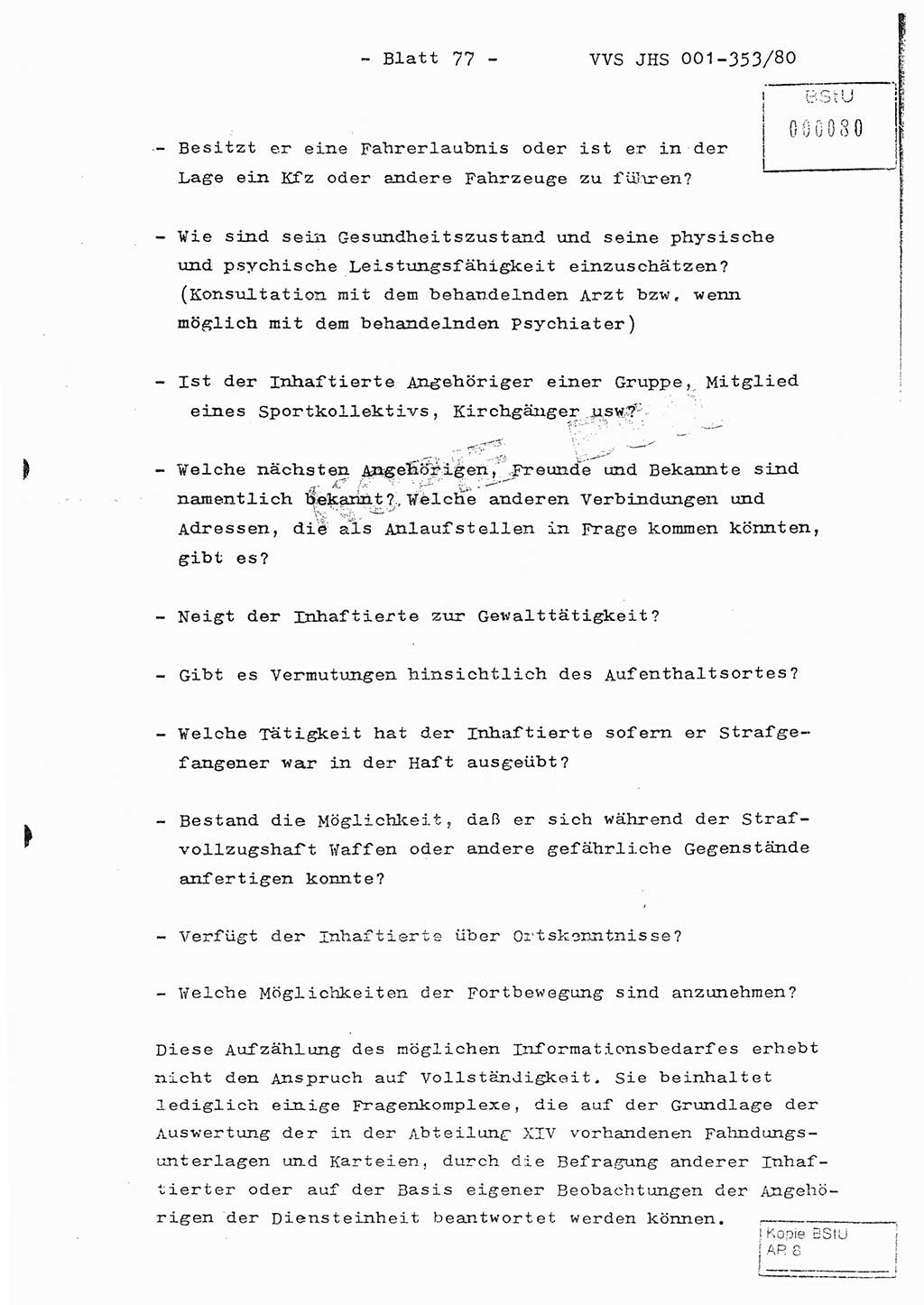 Diplomarbeit Hauptmann Joachim Klaumünzner (Abt. ⅩⅣ), Ministerium für Staatssicherheit (MfS) [Deutsche Demokratische Republik (DDR)], Juristische Hochschule (JHS), Vertrauliche Verschlußsache (VVS) o001-353/80, Potsdam 1980, Blatt 77 (Dipl.-Arb. MfS DDR JHS VVS o001-353/80 1980, Bl. 77)