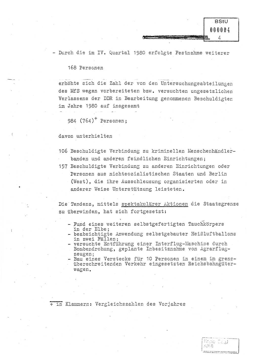 Jahresbericht der Hauptabteilung (HA) Ⅸ 1980, Ergänzung zur Analyse über die Entwicklung und die Wirksamkeit der politisch-operativen Arbeit der Linie Ⅸ für das Ⅳ. Quartal 1980, Ministerium für Staatssicherheit (MfS) der Deutschen Demokratischen Republik (DDR), Hauptabteilung Ⅸ, Berlin 1981, Seite 4 (Erg. Anal. MfS DDR HA Ⅸ /80 1981, S. 4)