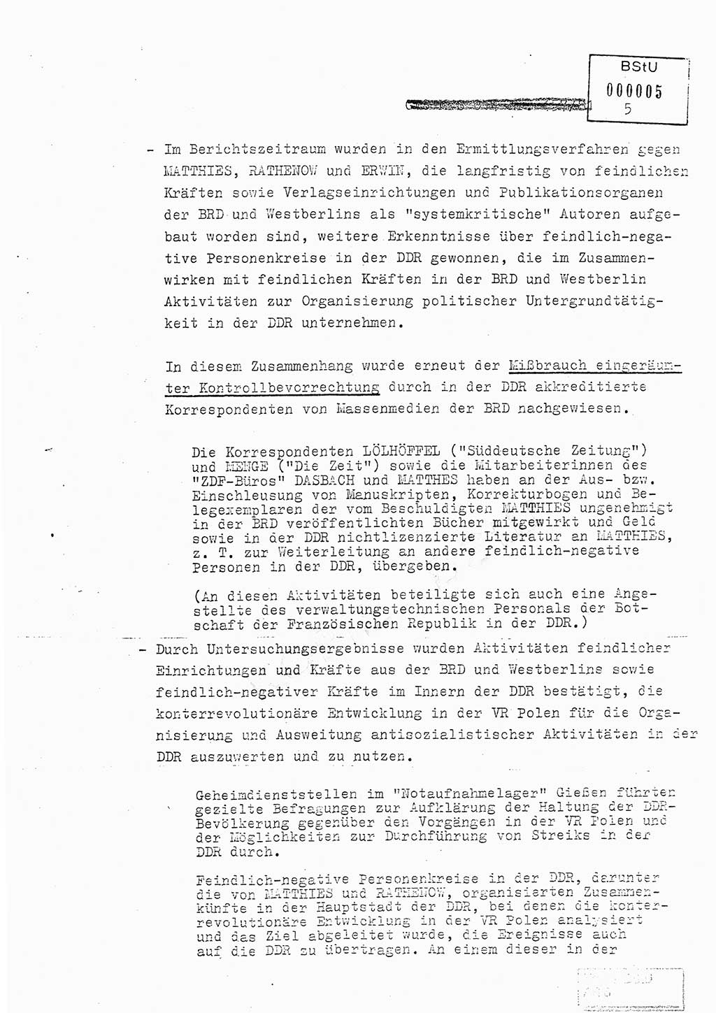 Jahresbericht der Hauptabteilung (HA) Ⅸ 1980, Ergänzung zur Analyse über die Entwicklung und die Wirksamkeit der politisch-operativen Arbeit der Linie Ⅸ für das Ⅳ. Quartal 1980, Ministerium für Staatssicherheit (MfS) der Deutschen Demokratischen Republik (DDR), Hauptabteilung Ⅸ, Berlin 1981, Seite 5 (Erg. Anal. MfS DDR HA Ⅸ /80 1981, S. 5)