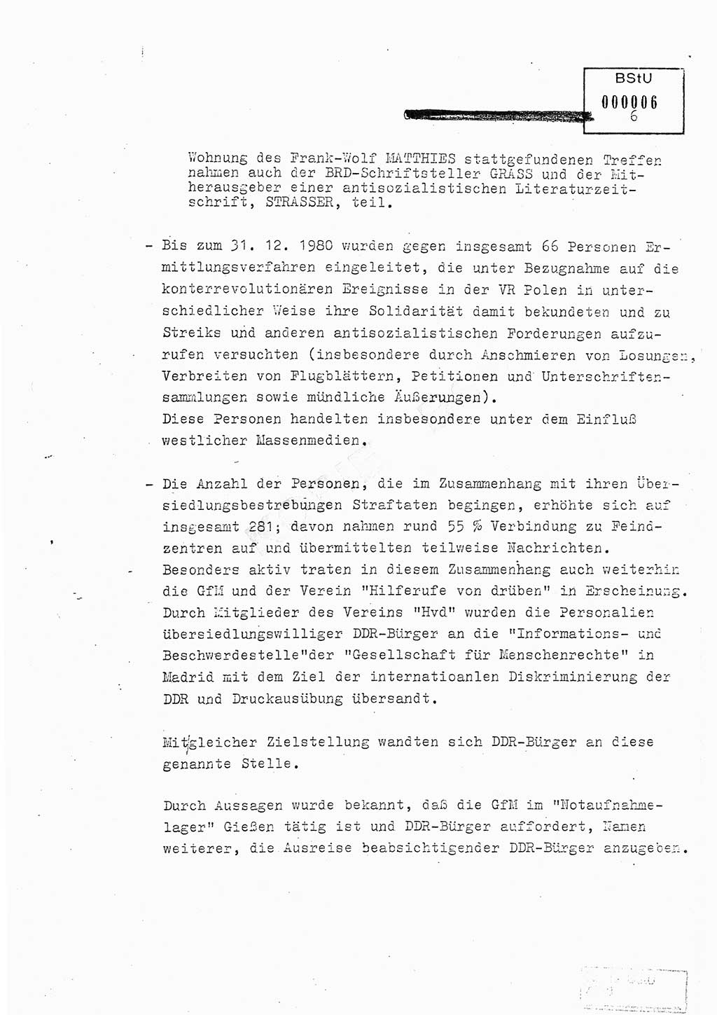 Jahresbericht der Hauptabteilung (HA) Ⅸ 1980, Ergänzung zur Analyse über die Entwicklung und die Wirksamkeit der politisch-operativen Arbeit der Linie Ⅸ für das Ⅳ. Quartal 1980, Ministerium für Staatssicherheit (MfS) der Deutschen Demokratischen Republik (DDR), Hauptabteilung Ⅸ, Berlin 1981, Seite 6 (Erg. Anal. MfS DDR HA Ⅸ /80 1981, S. 6)